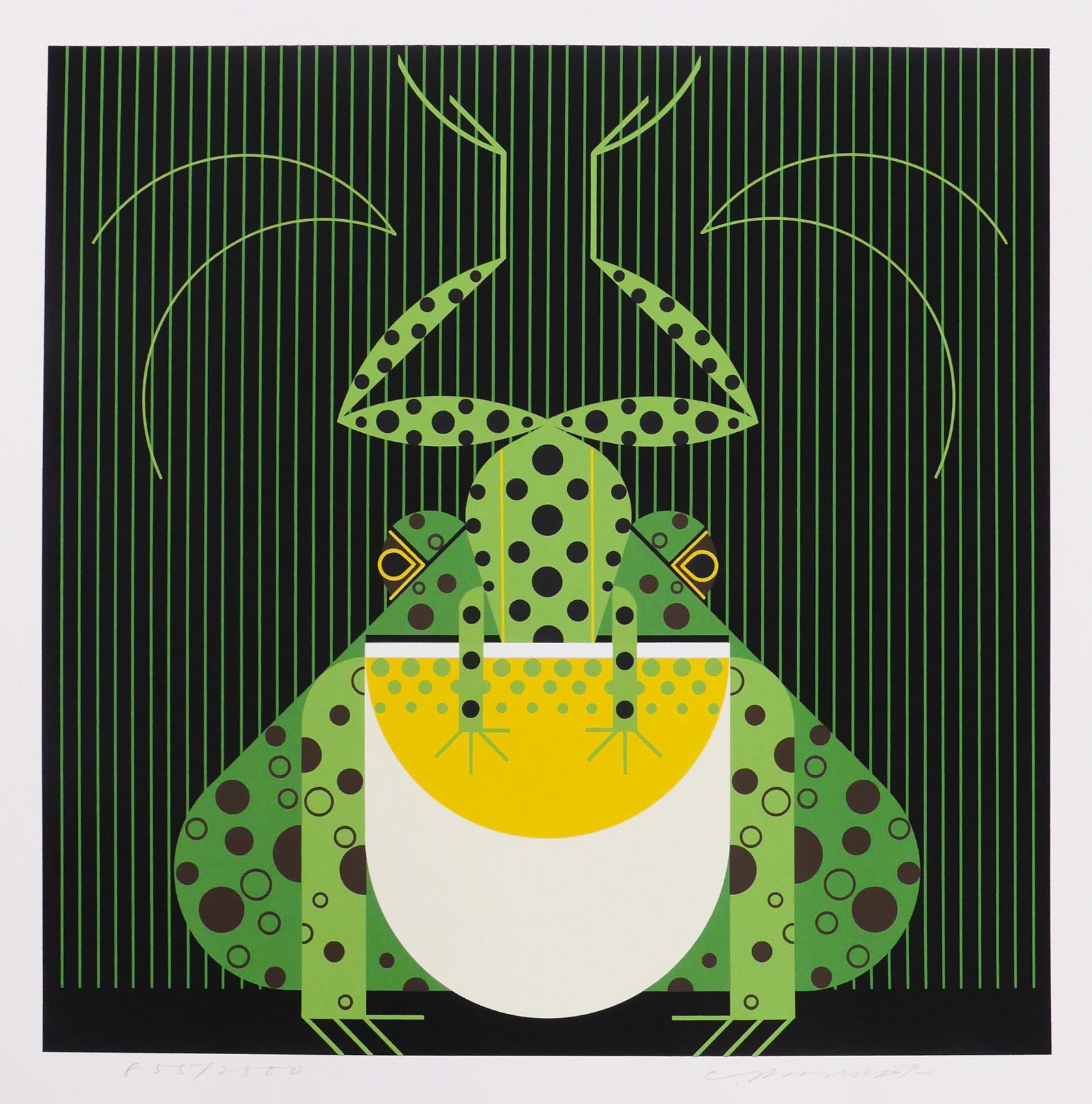 Charley Harper 'Frog Eat Frog' S/N Serigraph: Charley Harper 'Frog Eat Frog' Signed and Numbered Limited Edition Serigraph. Published by The Frame House Gallery, 1978. Edition 855/2500. Serigraph measures 18x18'', loose with the original portfoli
