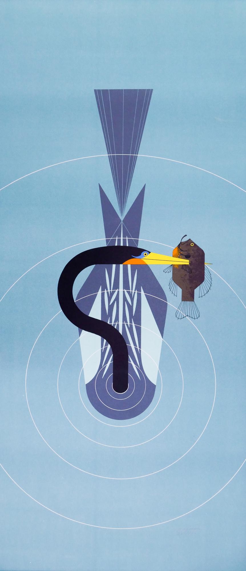 Charley Harper 'Anhinga' S/N Serigraph on Canvas: Charley Harper 'Anhinga' Signed and Numbered Limited Edition Serigraph on Canvas. Printed 1969. Edition 367/500. Framed measurements of 46x22'' with Serigraph measuring 34x19.75''. Scratch at upper ri