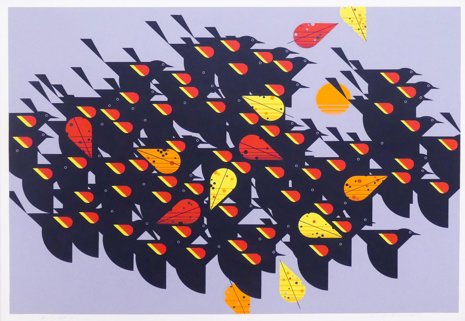 Charley Harper 'Birds of a Feather' S/N Serigraph: Charley Harper 'Birds of a Feather' Signed and Numbered Limited Edition Serigraph. Edition 855/2000. Published by The Frame House Gallery, 1974. Framed measurements of 29x36'' with visible image measu