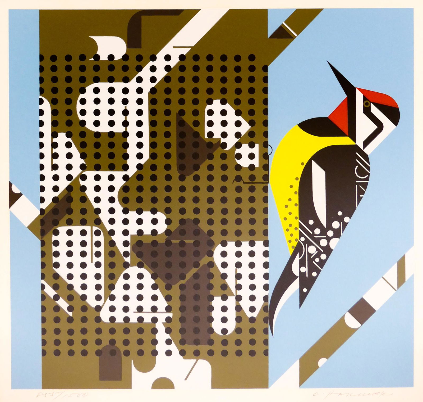 Charley Harper Yellow-Bellied Sapsucked Serigraph: Charley Harper 'Yellow-Bellied Sapsucked' Signed and Numbered Limited Edition Serigraph (Series No. 22). Edition 855/1500. Published by The Frame House Gallery, 1968. Framed measurements of 20x20.5''