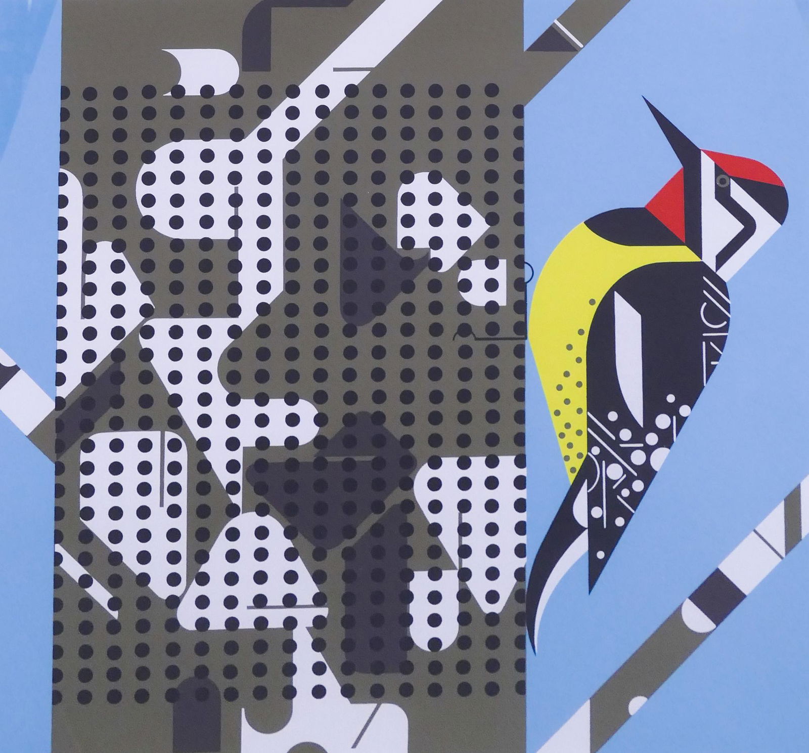 Charley Harper Yellow-Bellied Sapsucked Serigraph: Charley Harper 'Yellow-Bellied Sapsucked' Signed and Numbered Limited Edition Serigraph (Series No. 22). Edition 1414/1500. Published by The Frame House Gallery, 1972. Framed measurements of 18x18.25'