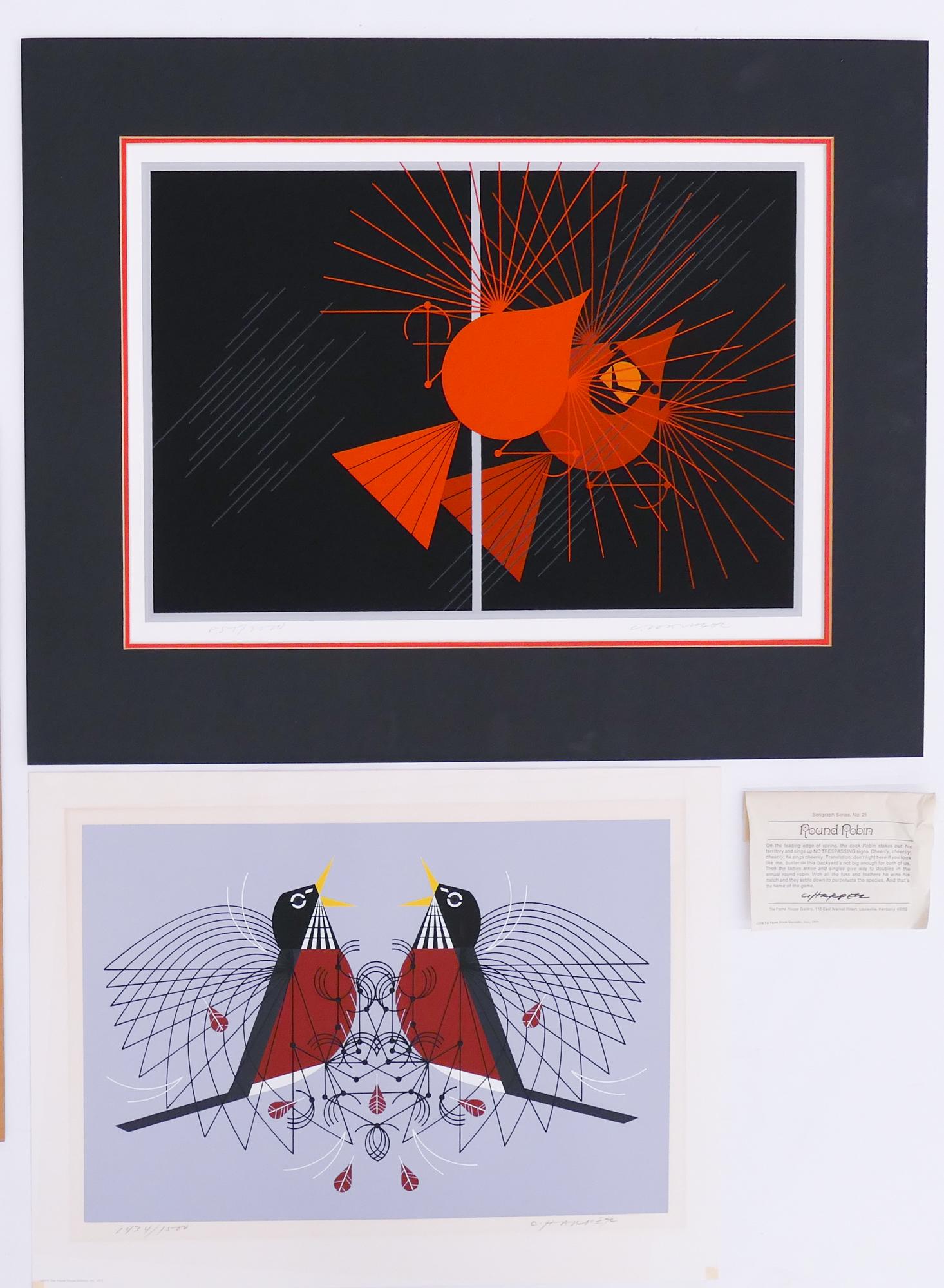 2pc Charley Harper S/N Serigraphs: 2pc Charley Harper Signed and Numbered Limited Edition Serigraphs Unframed. Includes 'Round Robin' Edition 1434/1500 (Series No. 25, 1972), and 'Seeing Red' Edition 855/2500 (1977). Both published by