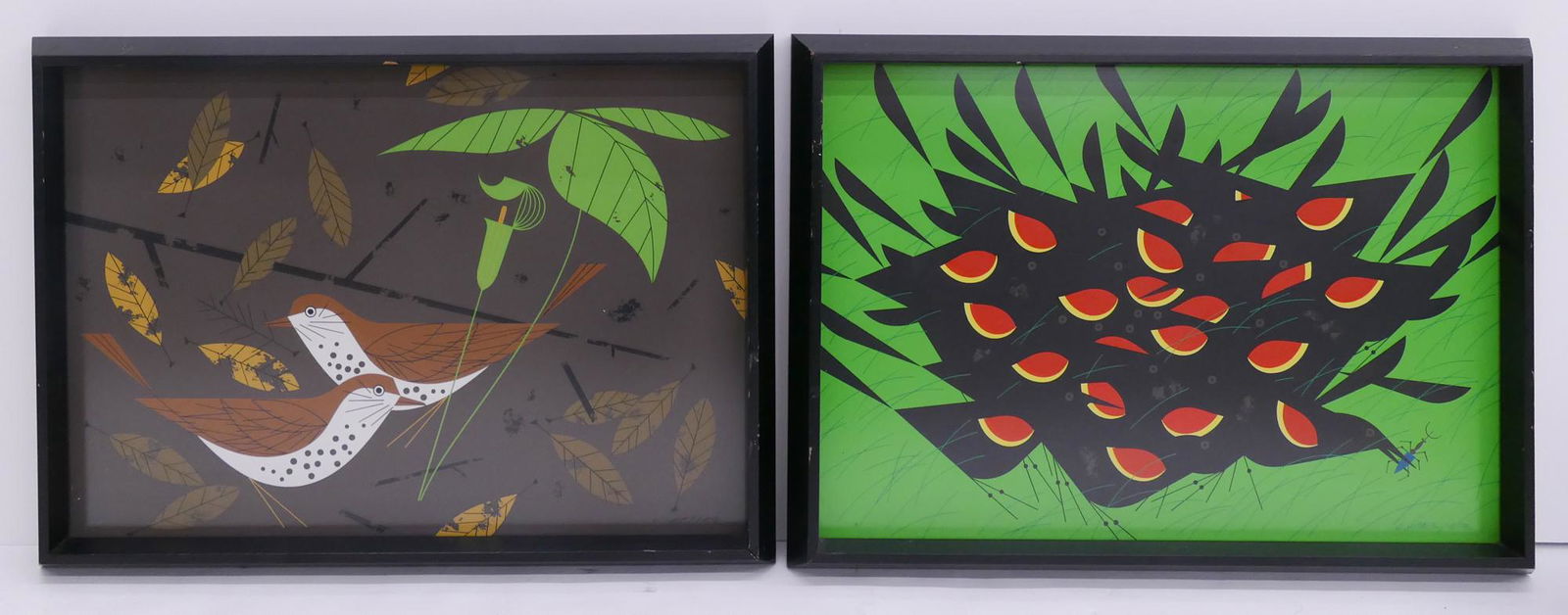 2pc Charley Harper Ford Times 1960 Serigraphs: 2pc Charley Harper Ford Times Serigraphs Framed. Includes 'Red-Winged Blackbirds' and 'Wood Thrush', both 1960. Prints are likely trimmed to image and framed with measurements of 14.75x19.25''. Some d