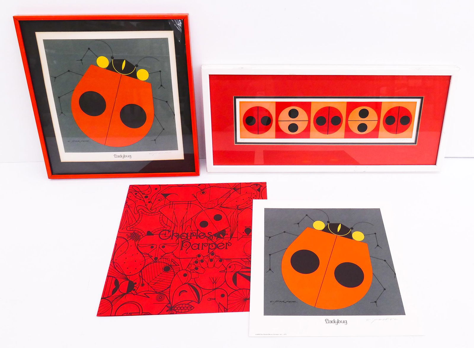 3pc Charley Harper & Edie Harper Prints: 3pc Charley Harper & Edie Harper Prints. Includes 2pc pencil signed Charley Harper 'Ladybug' Lithographs, 1972 (1 framed and one loose in portfolio- 12.5x12'' unframed, 14.5x14.5'' framed), and 1pc Ed