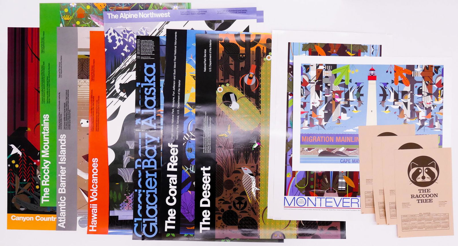 17pc Charley Harper Posters: 17pc Charley Harper Posters. Includes 10pc National Park Posters 1977-1990 (39x29''), 2pc Montevere 1999 (36x22''), 1pc Cape May 2006 (22x30.5''), and 4pc 'The Raccoon Tree' 1976 Calendars (17x11'').