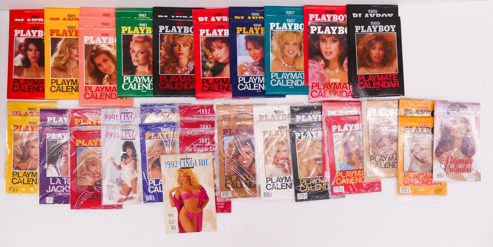 47pc Collection Playboy Playmate Calendars 1980-99: 47pc Collection Playboy Playmate Calendars 1980-1999. Includes duplicates of 1980-96 and 98 with special edition calendars for 1990-92. All 1980's calendar have original sleeves and in good condition 