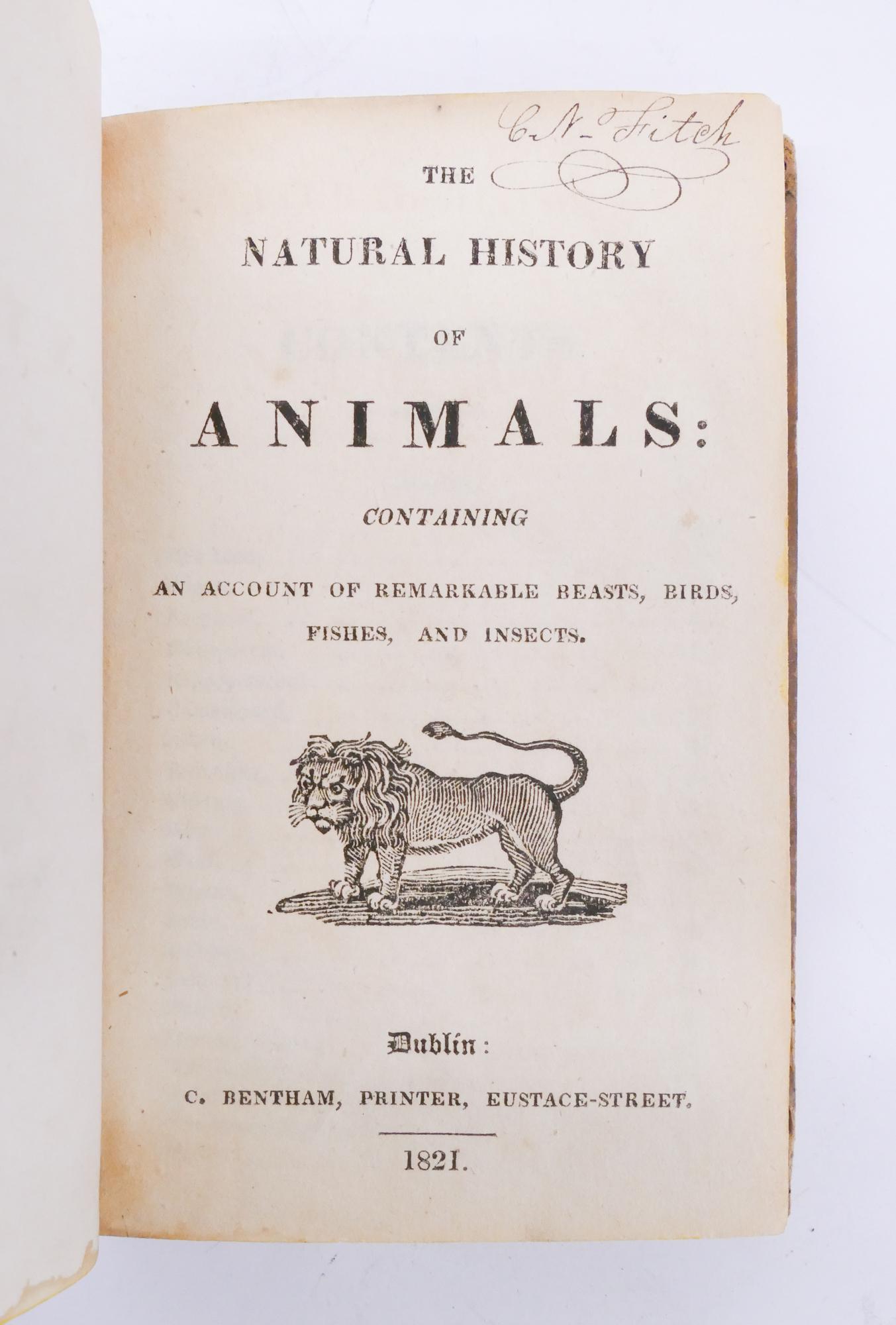 5 Volume 'Natural History' Set Pocket Size Books, 1820: 5 Volume 'Natural History' Set Pocket Size Books, C. Bentham, Dublin 1820. Pocket sized books each measuring 5.5x3.5x.75". Leather bound spine with gilt decorations. Engravings throughout each volume.