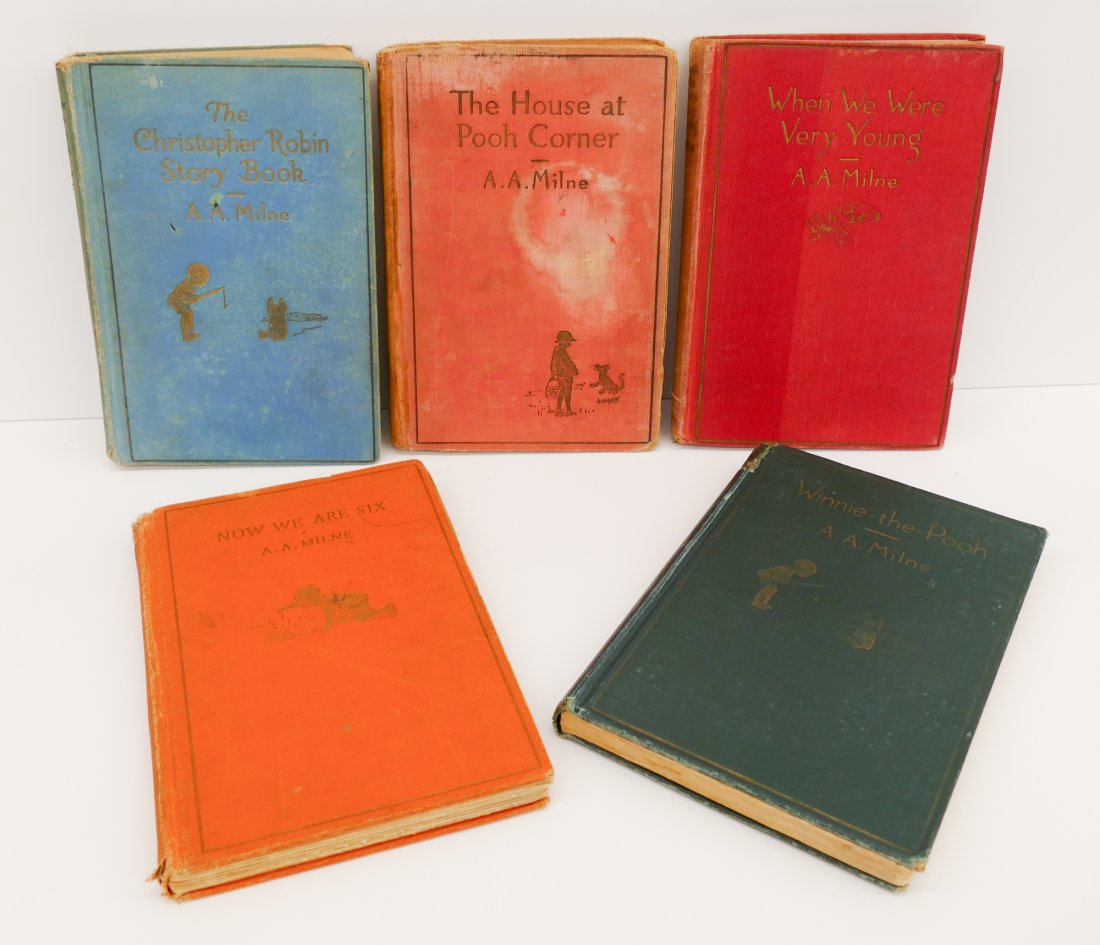 5pc A.A. Milne Books 1925-1929: 5pc A.A. Milne Books, E.P. Dutton & Company. Includes 2pc First Editions 'Winnie-the-Pooh' 1926, and 'Now We Are Six' 1927. Also includes 'The Christopher Robin Story Book' eighth printing 1929, 'When