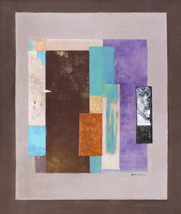 Paul Horiuchi ''Aesthetics in Time'' Casein Collage: Paul Horiuchi (1906-1999 Washington) ''Aesthetics in Time'' Casein Collage on Canvas 60''x50''. A large colorful layered composition. Signed l.r. and titled on verso. Framed 61''x51''. Excellent condi