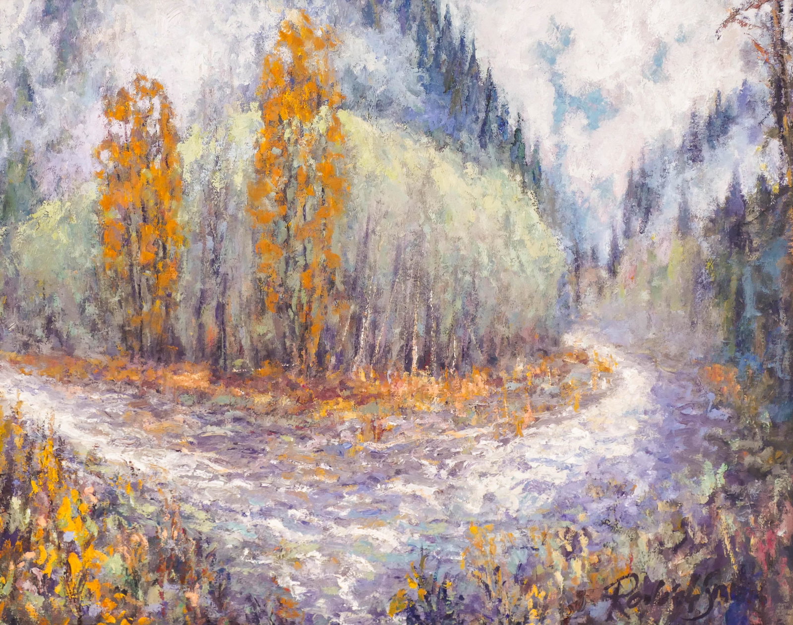 Roderick Smith ''High Upon the Nehalem River'' 2006: Roderick Smith (20/21st Cent. American) ''High Upon the Nehalem River'' 2006 Oil on Board 16''x20'' Image. Colorful impressionist river scene. Signed l.r. and inscribed on verso. Antique gilt framing 