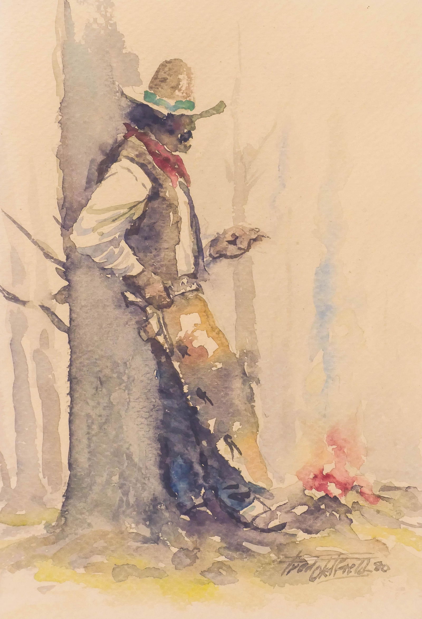 Fred Oldfield ''The Cowboy'' 1980 Watercolor: Fred Oldfield (1918-2017 Washington) ''The Cowboy'' 1980 Watercolor on Paper 10.5''x7'' Sight. A resting smoking cowboy composition. Signed and dated l.r. Original framing 17''x13''. Light even toning