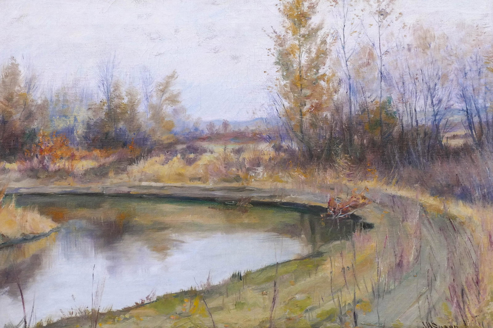 Joseph Henry Sharp ''Montana Landscape'' Oil: Joseph Henry Sharp (1859-1953 American) ''Montana Landscape'' Oil on Canvas 16''x24'' Image. An autumn impressionist landscape. Signed l.r. Gilt period framing 24''x32''. Some minor scattered craquelu