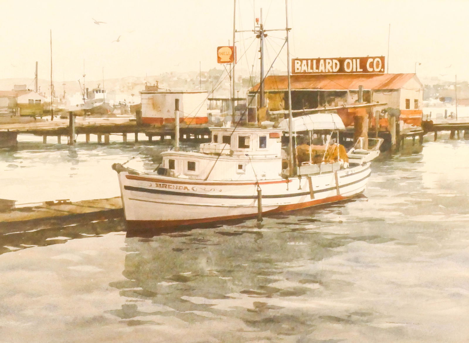 Ritchie Benson ''Ballard Oil Company'' Watercolor: Ritchie Benson (1941-1996 Washington) ''Ballard Oil Company'' Watercolor on Paper 18''x24'' Sight. Exceptional Northwest harbor scene. Signed l.r. Original framing 27''x32''. Excellent condition.