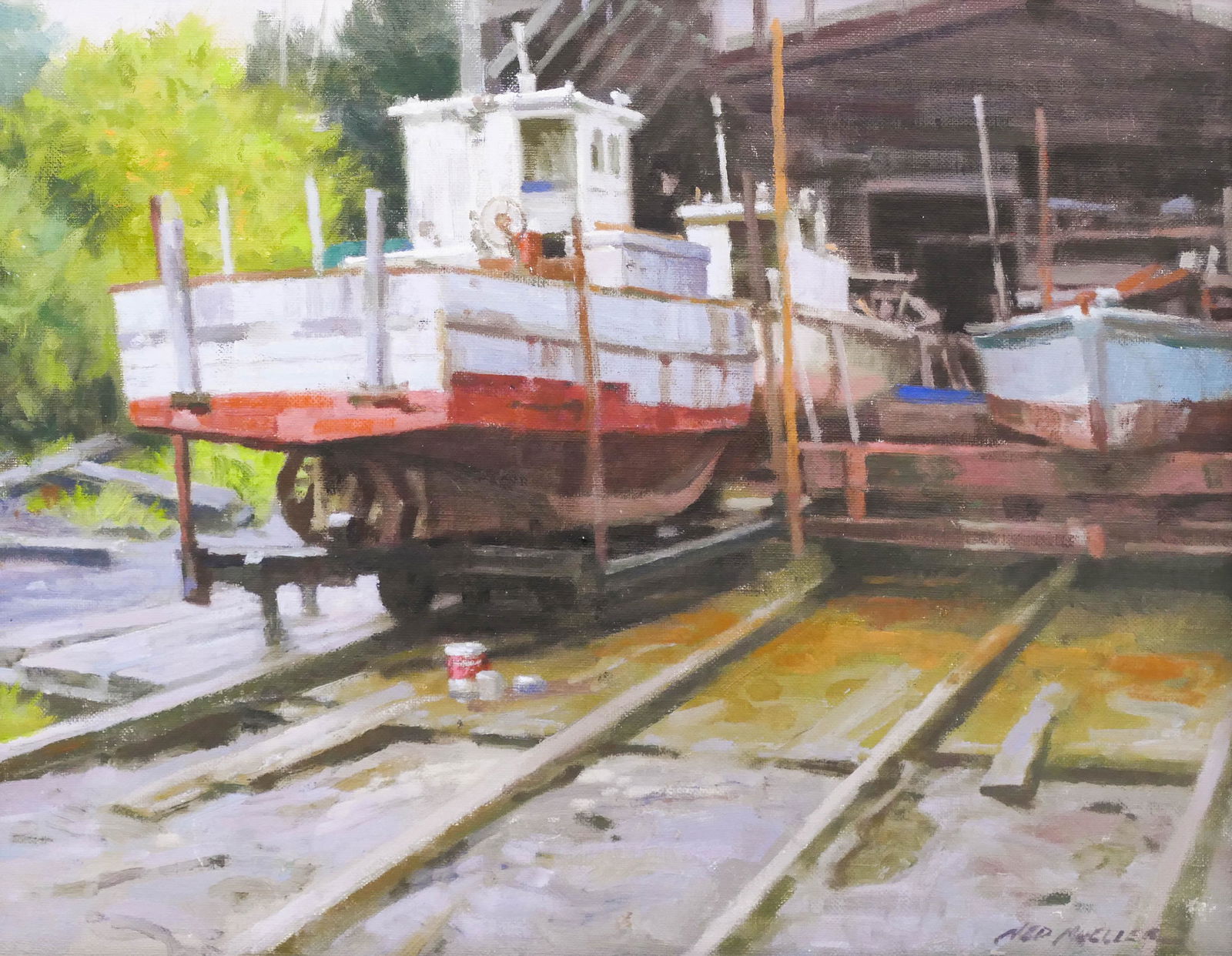 Ned Mueller ''Old Tug'' Oil: Ned Mueller (b.1940 Washington) ''Old Tug'' Oil on Board 11''x14'' Image. Impressionist scene of a tug boat. Signed l.r. Framed 14.5''x17.5''. Excellent condition.