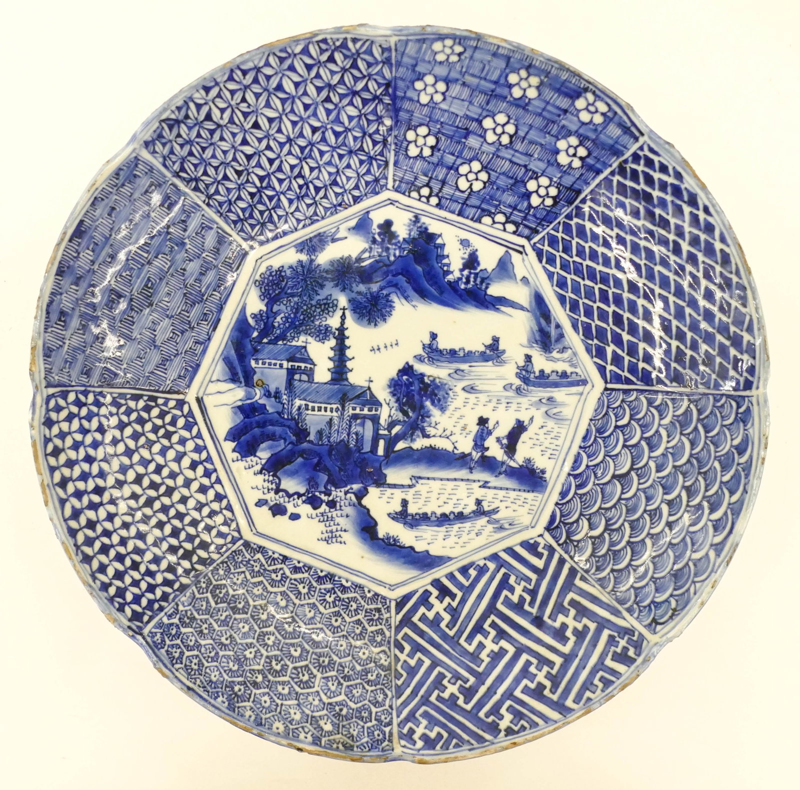 Chinese Jiajing Ming Blue and White Deep Charger: Chinese Jiajing Ming Blue and White Deep Charger 13.5''x3''. Exceptional kraak-style export charger with scalloped edge. Unusual blue underglaze scene of dutch figures and churches. Scrolling lotus fl
