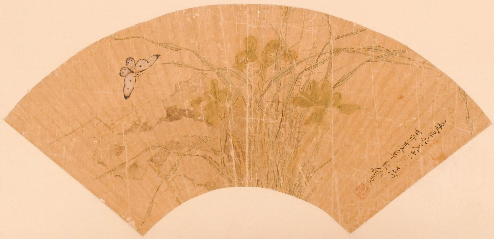 Ren Xun Attr. ''Butterfly and Flowers'' Fan Painting: Attributed to Ren Xun (1834-1893 Chinese) ''Butterfly and Flowers'' Fan Watercolor on Silk 9''x19.25'' Image. Signed with calligraphy and artist chop right side. Mounted size 13''x23.5''. Scattered ol