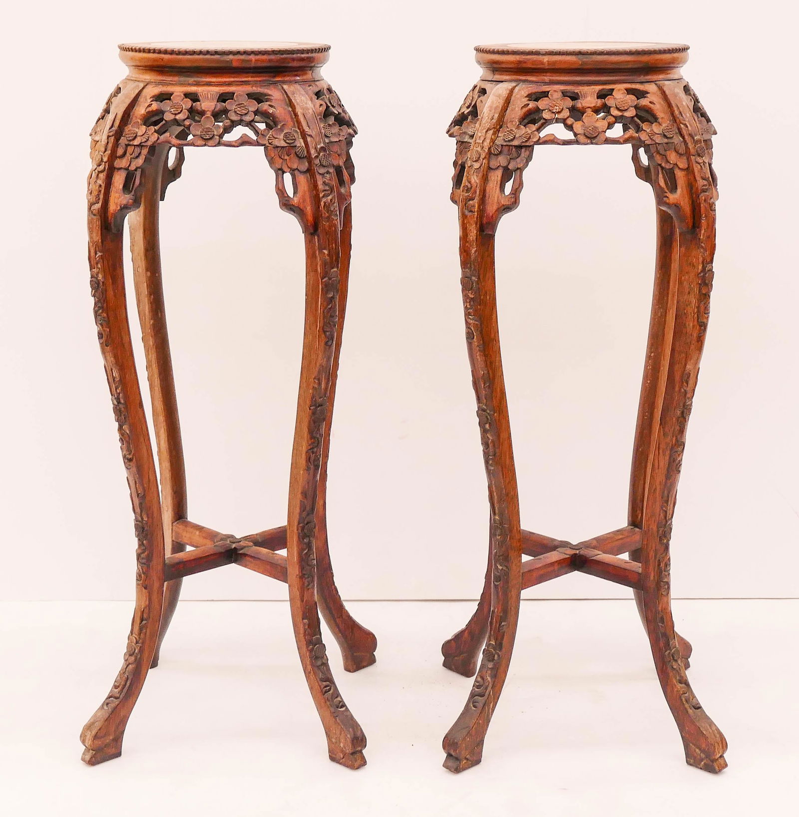 Pair Chinese Qing Rosewood Prunus Tall Plant Stand (1 of 2)
