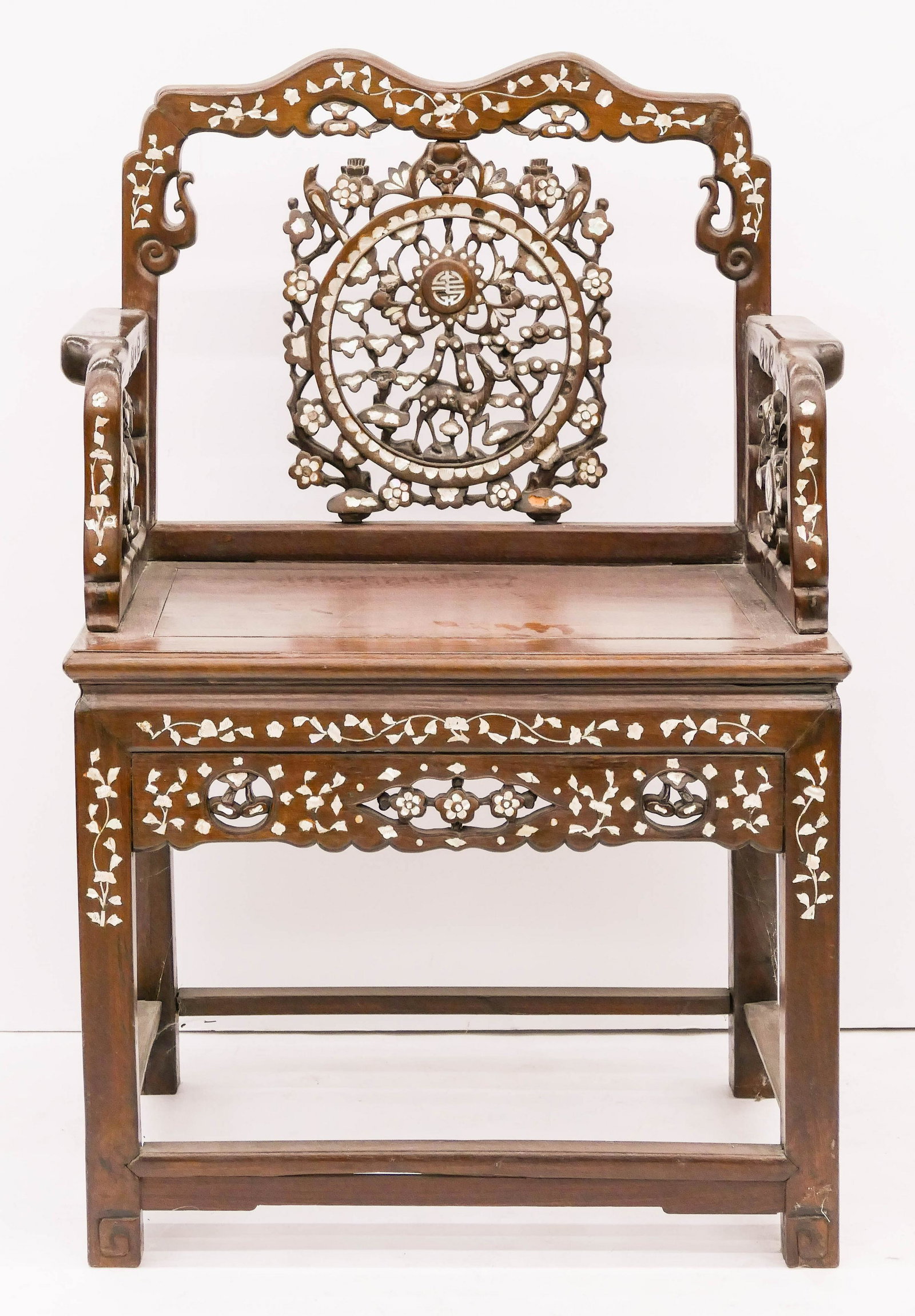 Chinese Qing Inlaid Rosewood Armchair: Chinese Qing Inlaid Rosewood Armchair 38''x26''x19''. Mother of pearl inlaid shou and bat pierced motifs. Some minor loss to pearl. 19th century, Qing dynasty.