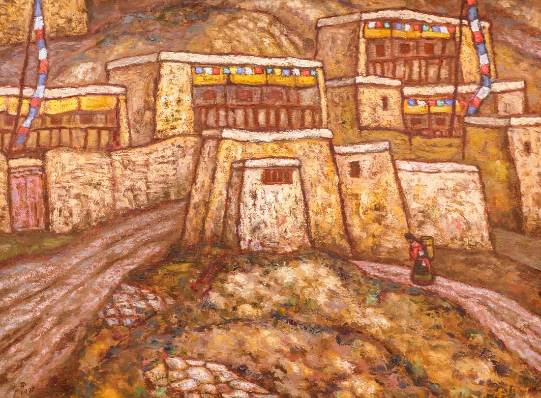 Yin Ping ''Tibetan Houses'' 1993 Oil: Yin Ping (b.1953 Chinese) ''Tibetan Houses'' 1993 Oil on Canvas 24''x32'' Image. Signed and dated l.l. Framed 29''x37''. Excellent condition.