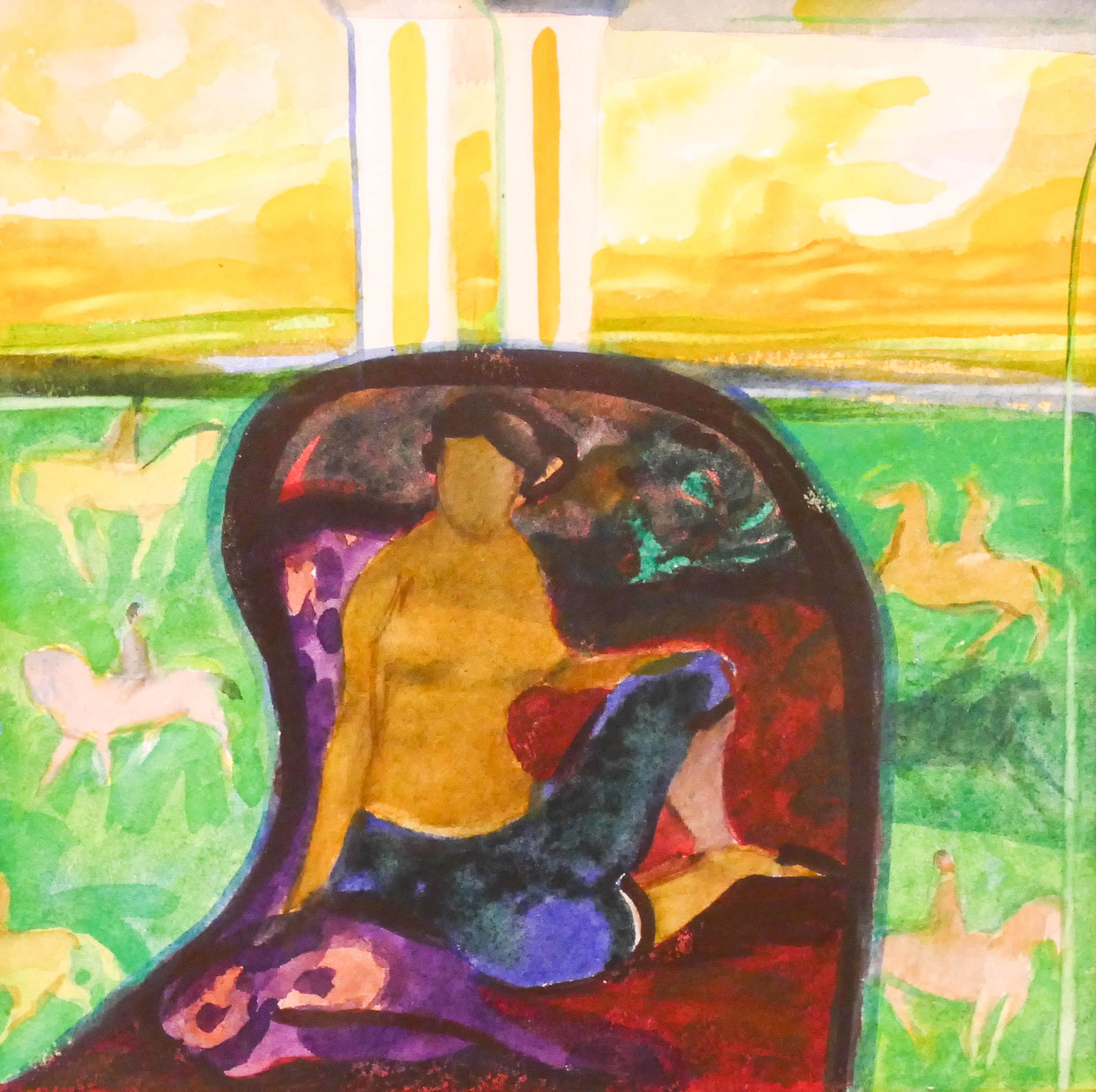 Robin Philipson ''Odalisque'' 1984 Watercolor: Robin Philipson (1916-1992 British) ''Odalisque'' 1984 Watercolor on Paper 8''x8'' Sight. Signed and inscribed on verso. Framed 17.5''x17.5''. Excellent condition. Collection of Alden Frick Megrew (19