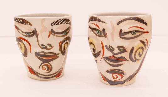 Akio Takamori ''Pair of Face Cups'' 1990's Ceramic: Akio Takamori (1950-2017 Washington) ''Pair of Face Cups'' 1990's Ceramic 4.5''x4'' Approx. An early pair of glaze decorated and sculptural tea cups. Signed on side. Excellent condition.