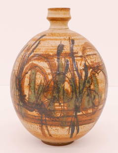 Robert Sperry ''Early Sgraffito Vase'' 1950's: Robert Sperry (1927-1998 Washington) ''Early Sgraffito Vase'' 1950's Ceramic 10.5''x7''. Exceptional abstract sgraffito decorated vase with glazes. Signed in glaze on bottom. Excellent condition.