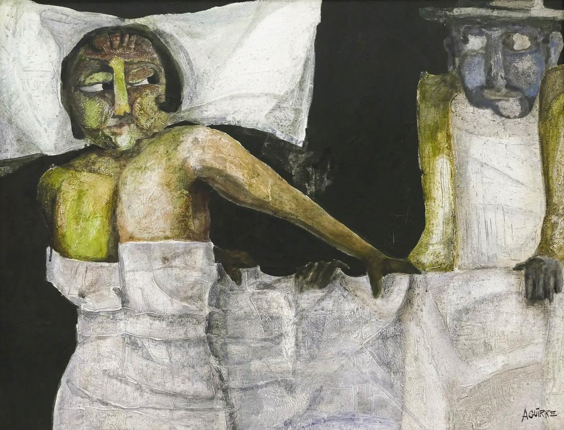 Luis Fernando Aguirre ''Playa Sin Sol'' 1964 Oil: Luis Fernando Aguirre (b.1935 Spanish) ''Playa Sin Sol'' (Sunless Beach) 1964 Oil on Canvas 32''x40'' Image. Signed l.r. and titled on verso. Framed 34''x42''. Some areas of craquelure. (LC)