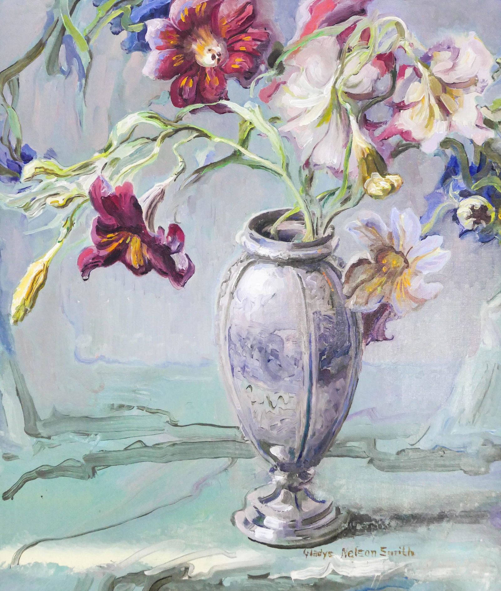 Gladys Nelson Smith ''Flowers in Silver Vase'' Oil (1 of 1)