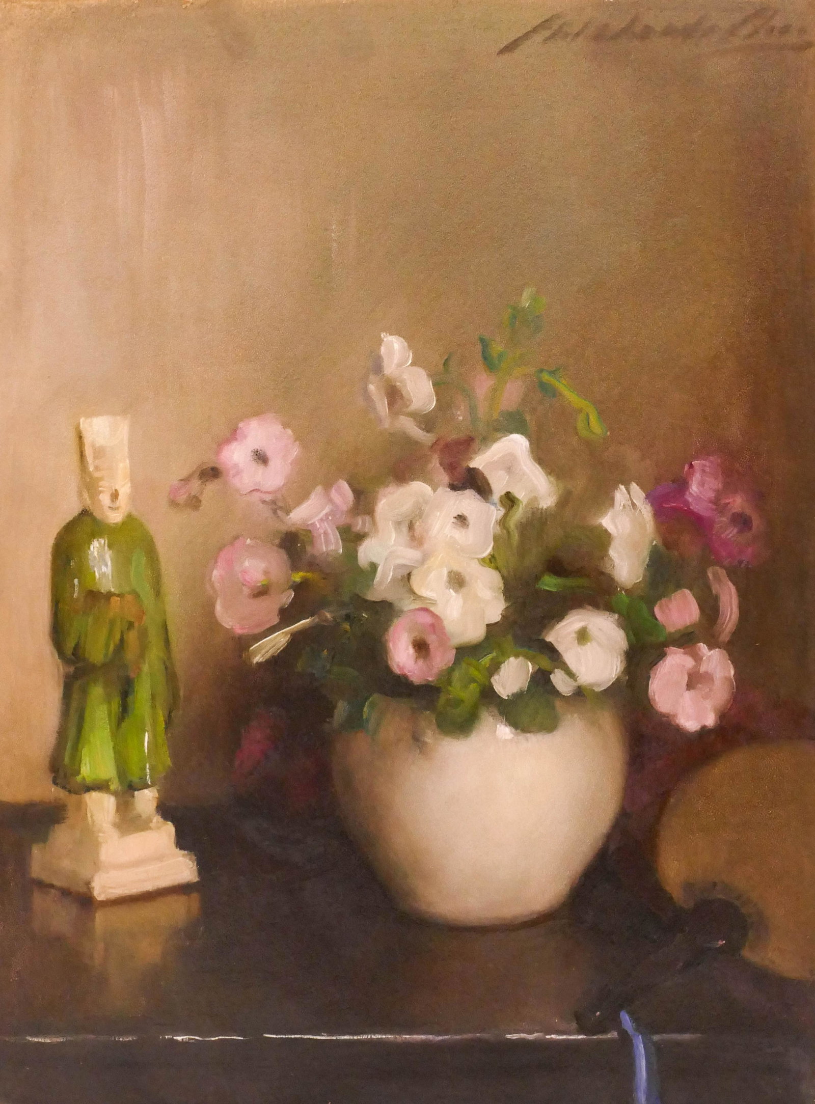 Antique American ''Oriental Still Life'' Oil: Antique American ''Oriental Still Life'' Oil on Board 24''x18'' Image. An early 20th century floral still life with Chinese figurine. Illegibly signed upper right. Original framing (Boston Labels) 30'