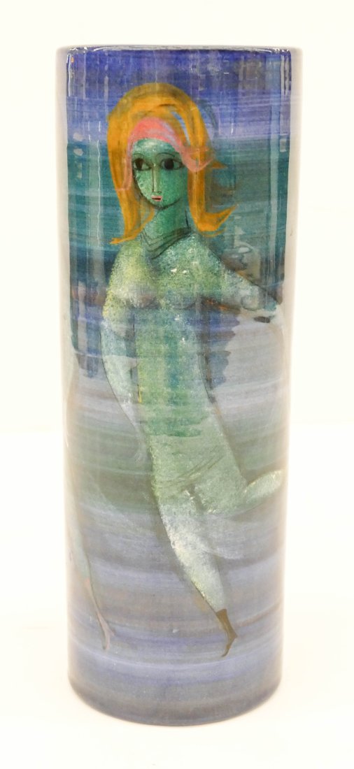 Polia Pillin "Three Women Cylinder" Ceramic: Polia Pillin (1909-1992 American) "Three Women Cylinder" Ceramic 10"x3.5". Glaze decorated with three stylized women. Glaze signature on bottom. Excellent condition.