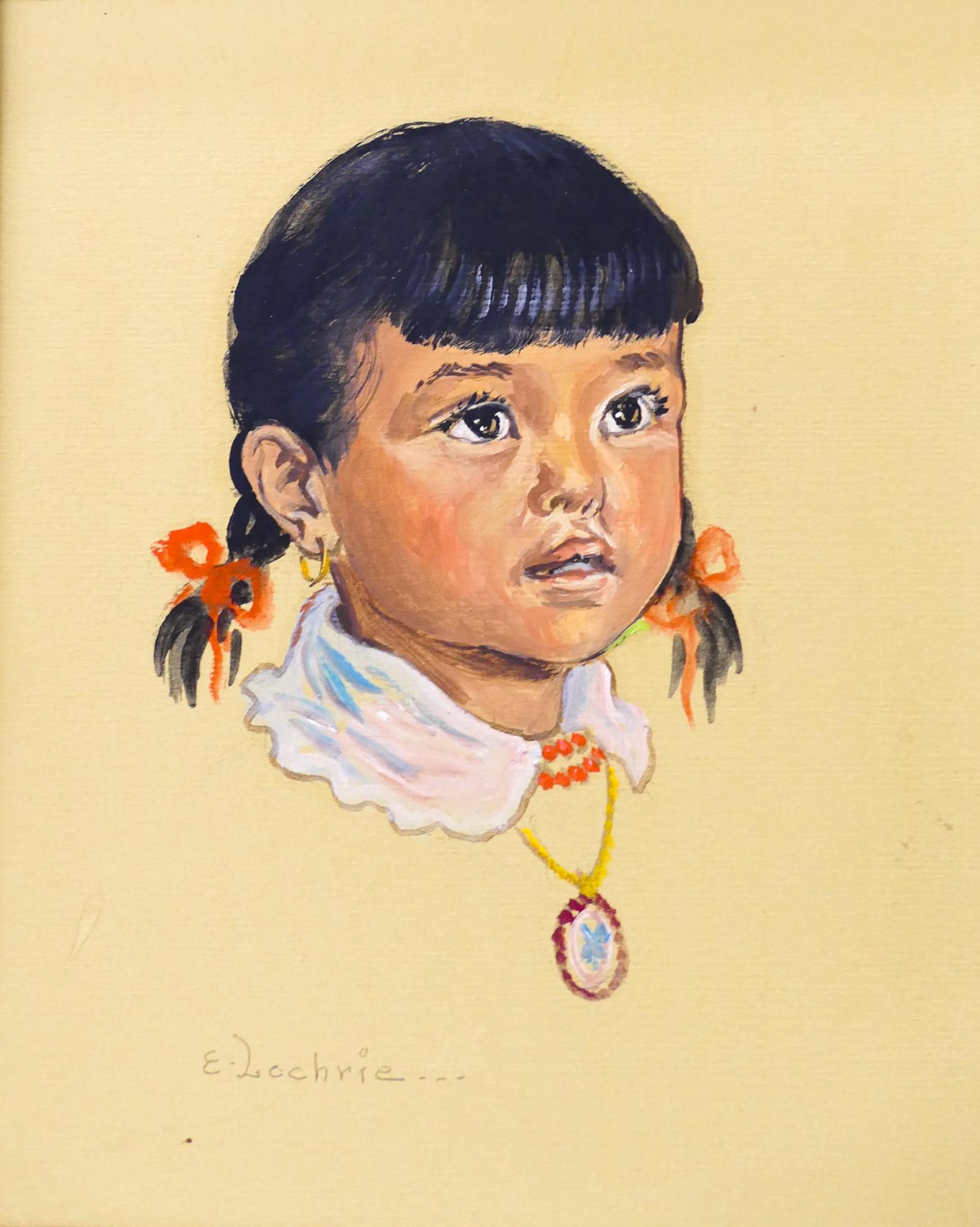 Elizabeth Lochrie (1890-1981 Montana) ''Posey'': Elizabeth Lochrie (1890-1981 Montana) ''Posey - White Man Runs'' Oil on Paper, 8.25''x6.5'' Sight. A portrait of 7 year old Crow Indian girl. Signed l.l. Antique spoon carved frame 13.5''x11.5''. Exce