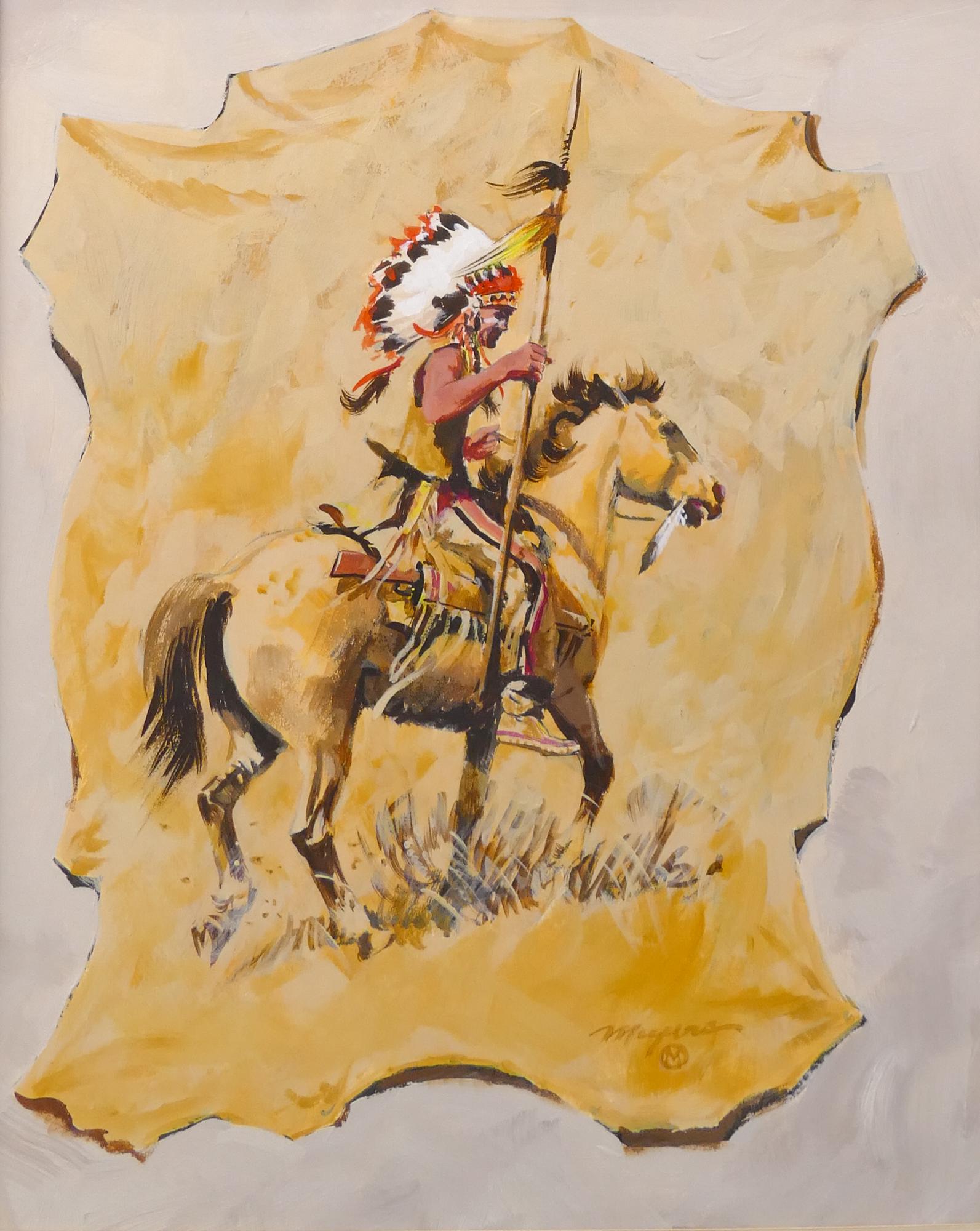 Robert W. Meyers (1919-1970) ''Shoshone Chief'': Robert W. Meyers (1919-1970 Wyoming) ''Shoshone Chief'' Acrylic on Cardboard, 1968. 13''x10.5'' Sight. Portrait of Native Chief on trompe l'oeil stretched cowhide background. Sign l.r. Original frame 
