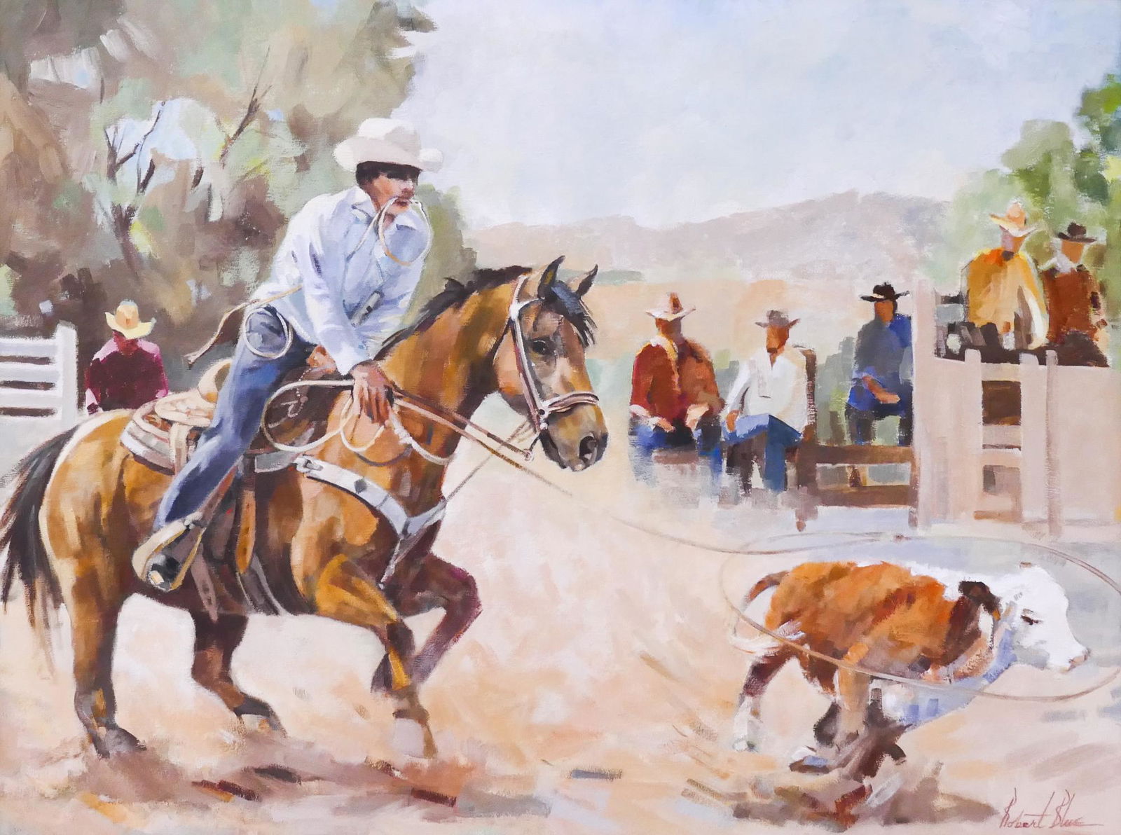 Robert Blue (Oregon) ''Practice for Pendleton'': Robert Blue (b.1915 Oregon) ''Practice for Pendleton'' Oil on Canvas 30''x40'' Image. A western scene with with cowboy practicing for rodeo. Signed l.r. Original frame 37''x47''. Excellent condition.