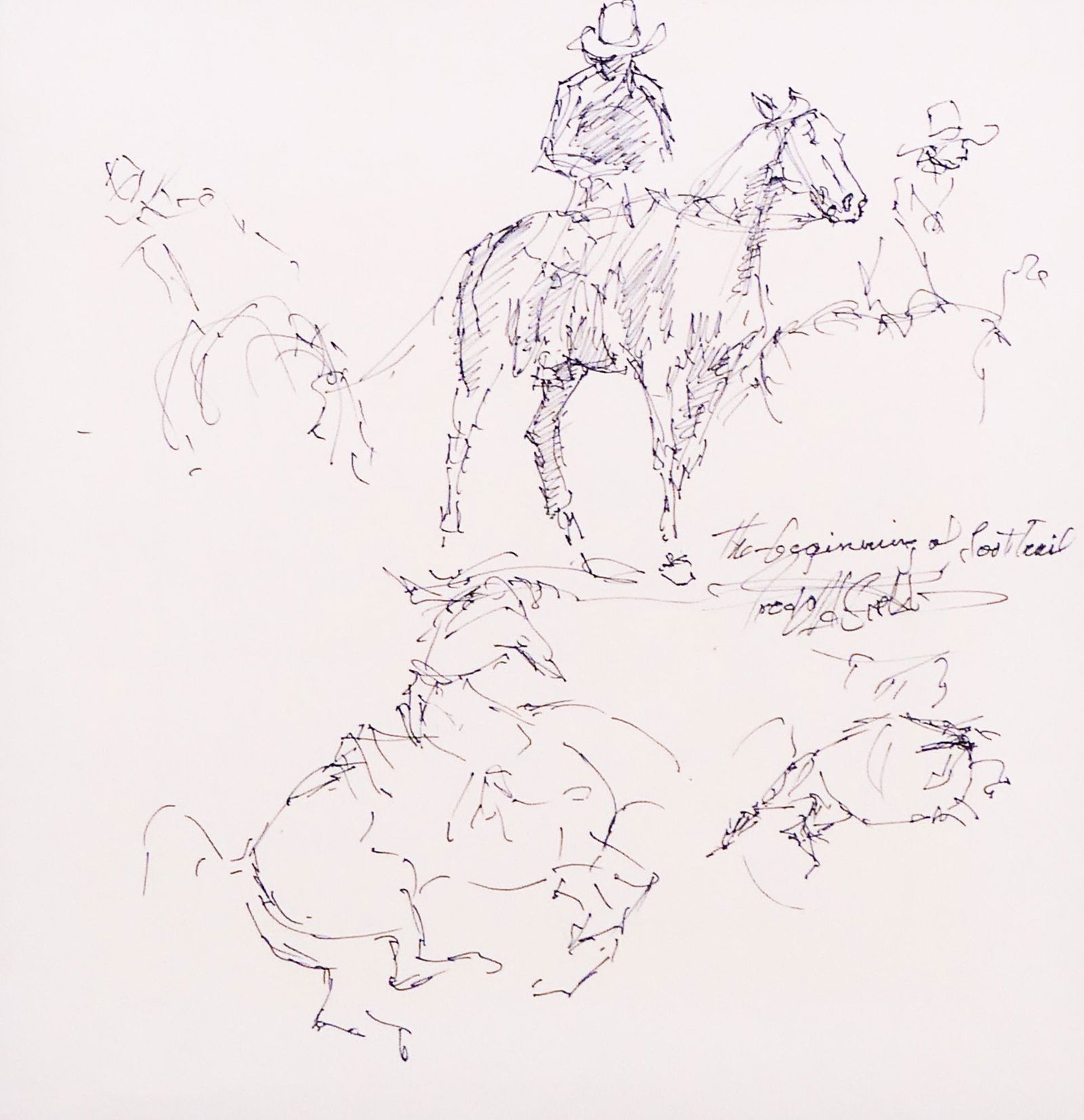 Fred Oldfield ''Beginning of Lost Trail'' Sketches: Fred Oldfield (1918-2017 Washington) ''Beginning of Lost Trail'' Ink on Paper Sketch. 14.5''x14.5'' Sight. An original group of sketches depicting cowboys on horseback. Signed and titled center right.