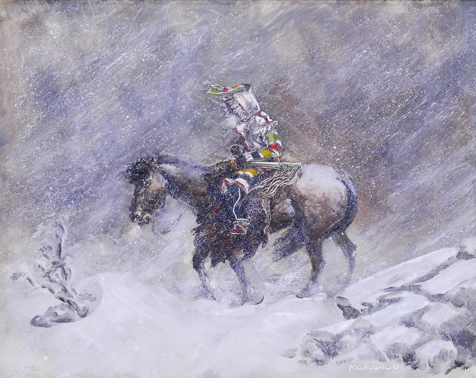 Nancy McLaughlin 'Winter Scout' Oil: Nancy McLaughlin (1932-1985 Montana) 'Winter Scout' Oil on Board. 24''x30'' Image. A western scene painting of an Indian scout caught in a snowstorm. Signed l.r. Gilt frame 28.5''x34.5''. Excellent co