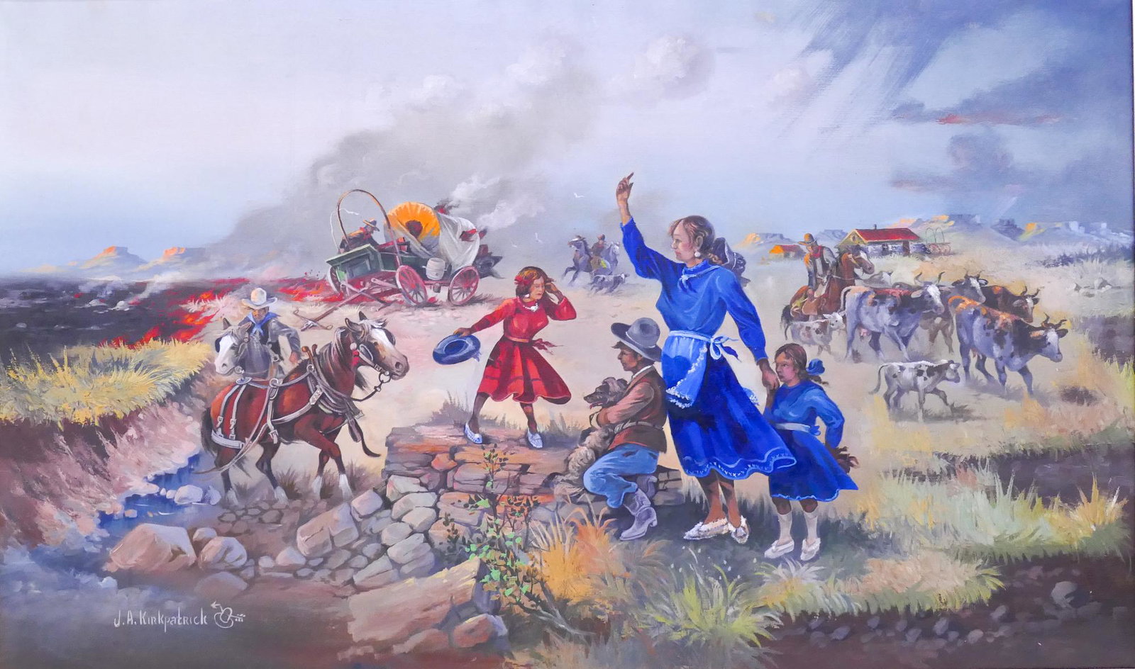 J.A. Kirkpatrick ''Brush Fire'' Oil: J.A. Kirkpatrick (1898-1984 North Dakota) ''Brush Fire'' Oil on Canvas, 30''x50'' Image. A large dramatic and chaotic scene of a pioneer family fleeing a prairie brush fire. Signed l.l. Gilt frame 37'