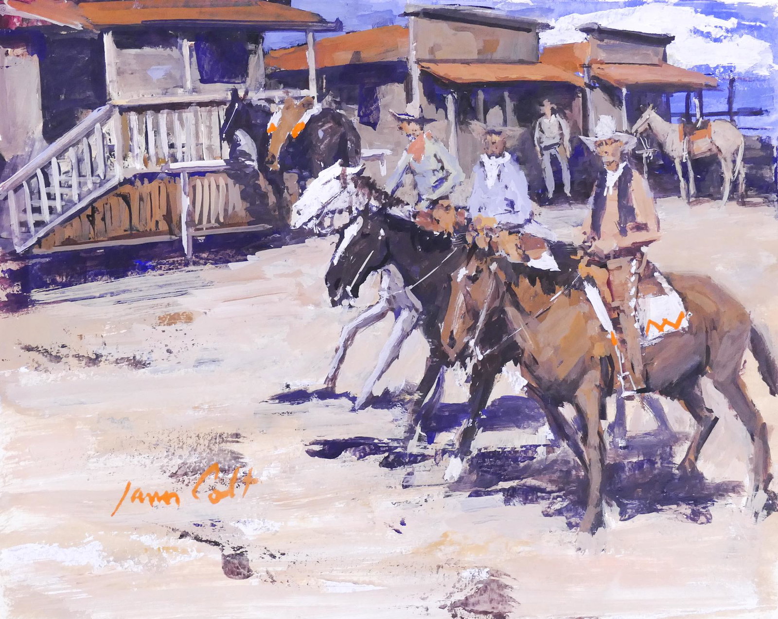 James Lee Colt ''Return of the Reno Brothers'': James Lee Colt (1922-2005 California) ''Return of the Reno Brothers'' Watercolor and Gouache on Paper, 1991. 11''x14'' Image on 12''x15'' sheet. A western scene depicting the Reno Brothers Gang riding
