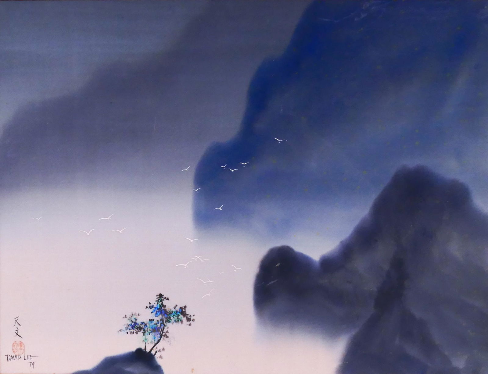 David Lee ''Mountain Landscape'' Watercolor: David Lee (b.1944 China/Hawaii) ''China Gulls'' Watercolor and Gouache on Silk, 1979. 19''x25'' Sight. Signed and dated with artist chop seal l.l. Matted but unframed 24''x30''. Good condition with sc