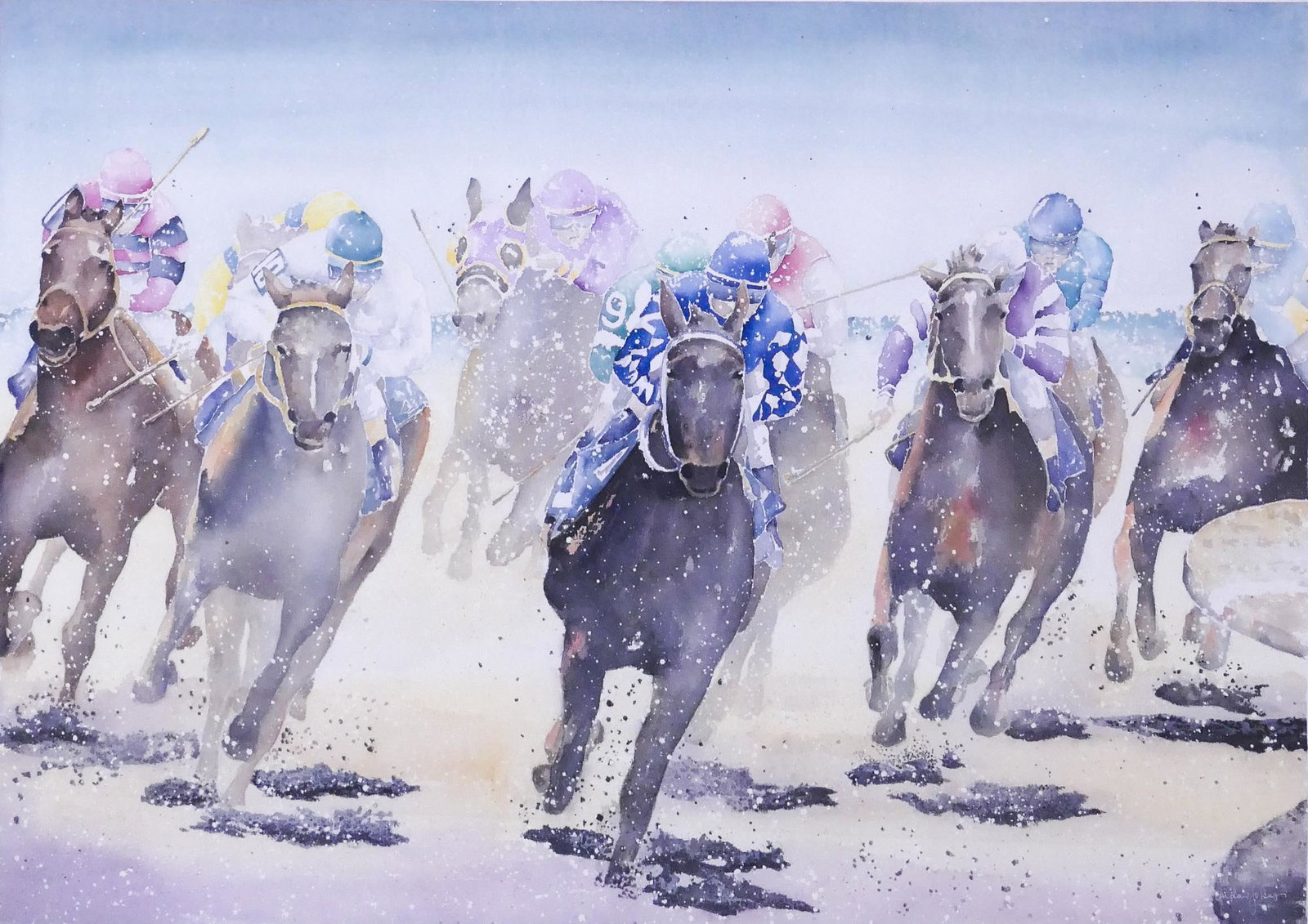 Linda Ann Johns ''At The Races'' Watercolor: Linda Ann Johns (20th/21st Century Florida) ''At the Races'' Horse Racing Watercolor. 28''x40'' Image on 29.5''x41'' sheet. Large watercolor painting depicting horse race. Professionally framed with f