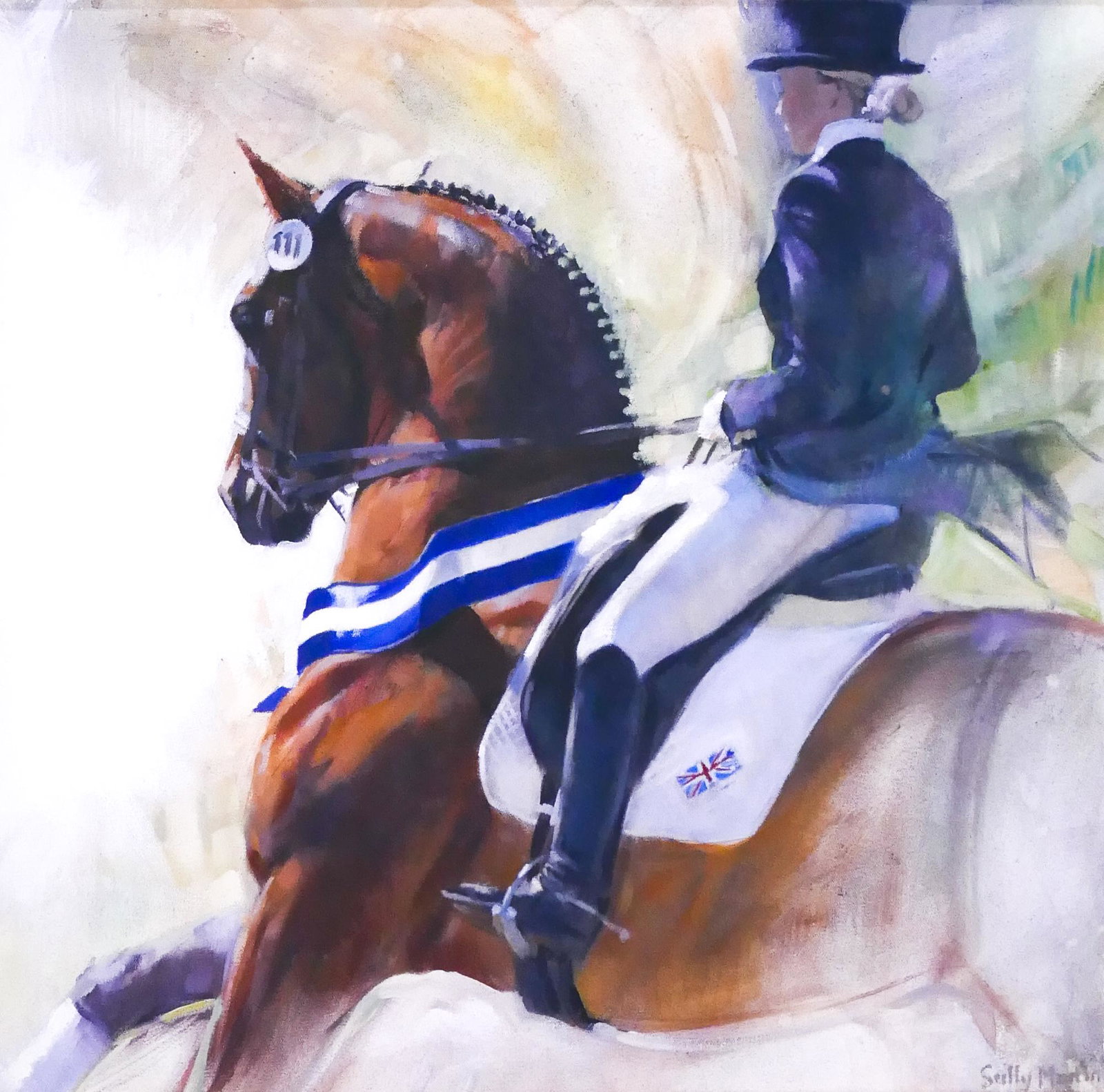 Sally Martin ''Exuberant Honours'' Oil: Sally Martin (20th/21st Century, England) ''Exhuberent Honours'' Oil on Canvas. 20''x20'' Image. A painting depicting a dressage champion. Signed l.r. Framed 25.5''x25.5''. Excellent condition.