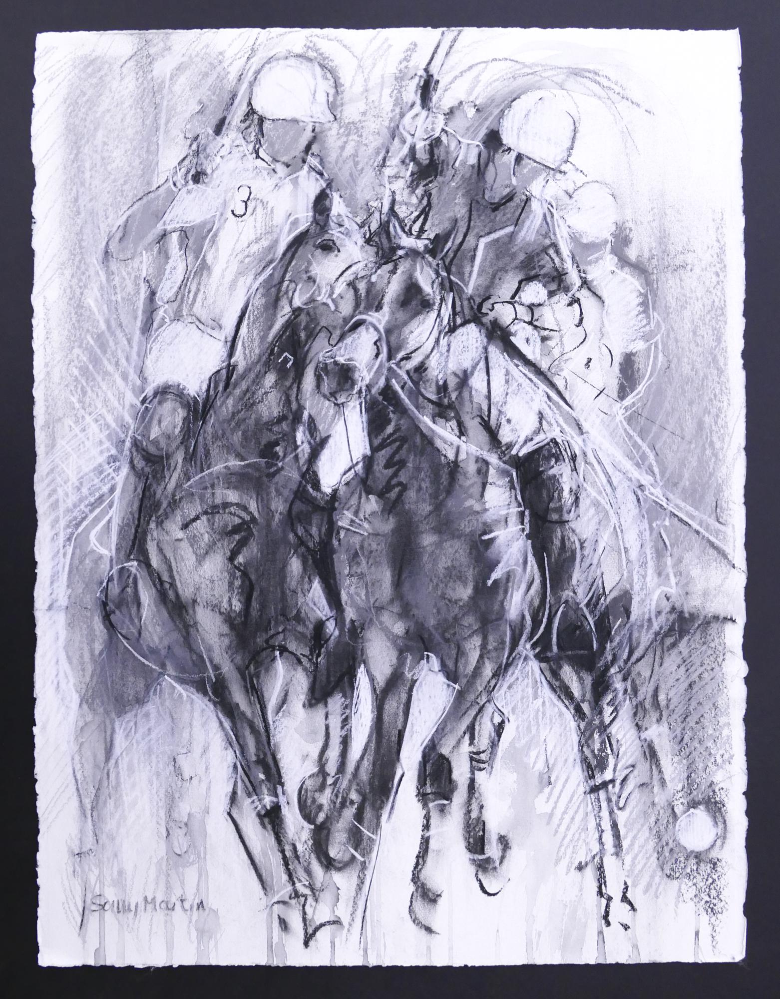 Sally Martin ''Polo Clash'' Charcoal & Watercolor: Sally Martin (20th/21st Century, England) ''Polo Clash'' Charcoal & Watercolor on Paper. 30''x22.5'' Image. A mixed media painting depicting a polo match. Signed l.l. and titled on verso. Loose. Excel