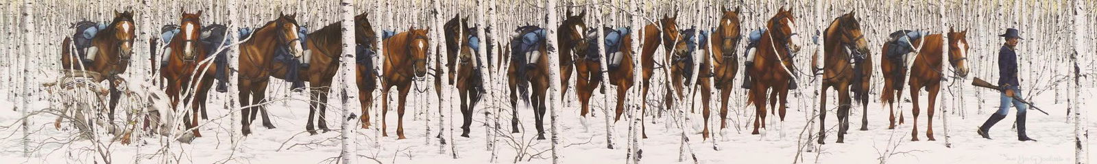 Bev Doolittle ''Two Indian Horses'' S/N Print: Bev Doolittle (b.1947 California) ''Two Indian Horses'' Signed Print, 1985. 8''x48'' Image. Pencil signed and numbered 7,482 out of 12,253 edition. Gallery framed 19''x58''. Excellent condition with s
