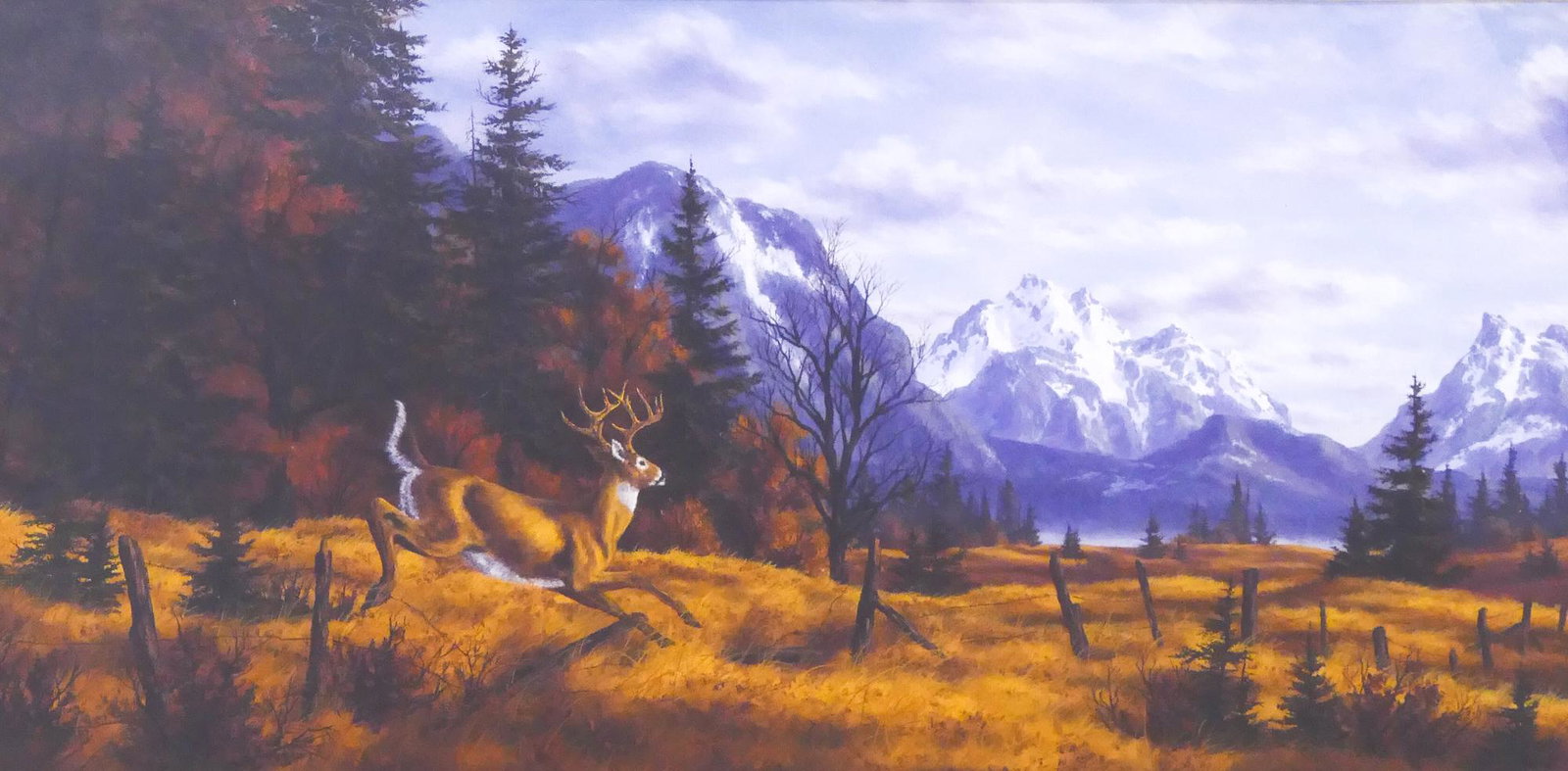 Randy VanBeek ''Whitetail Deer'' Oil: Randy Van Beek (b.1958, Washington) ''Whitetail Deer'' Oil on Board, 1985. 8.5''x17'' Sight. A western scene landscape with deer bounding in open field in front of dramatic mountain backdrop. Signed a