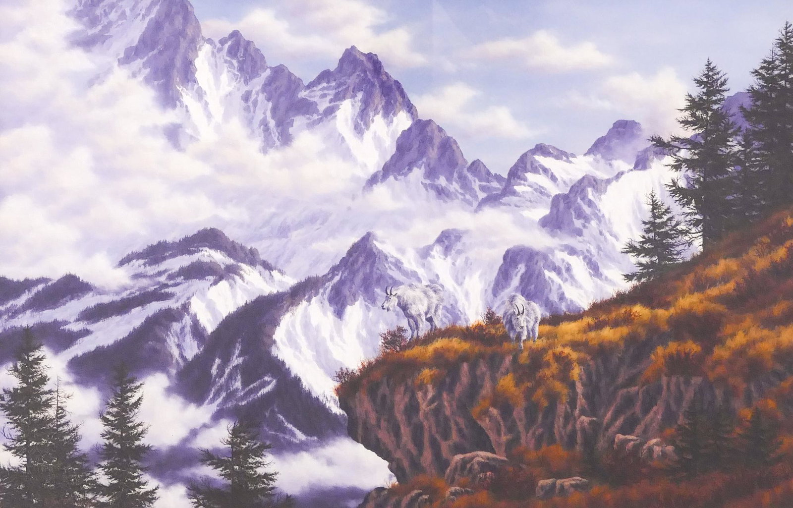 Randy Van Beek ''Olympic Mountaineers'' Oil: Randy Van Beek (b.1958, Washington) ''Olympic Mountaineers'' Oil on Board, 1986. 13.5''x21'' Sight. A western landscape with mountain goats set against snowy peaks. Signed and dated l.l. Original fram