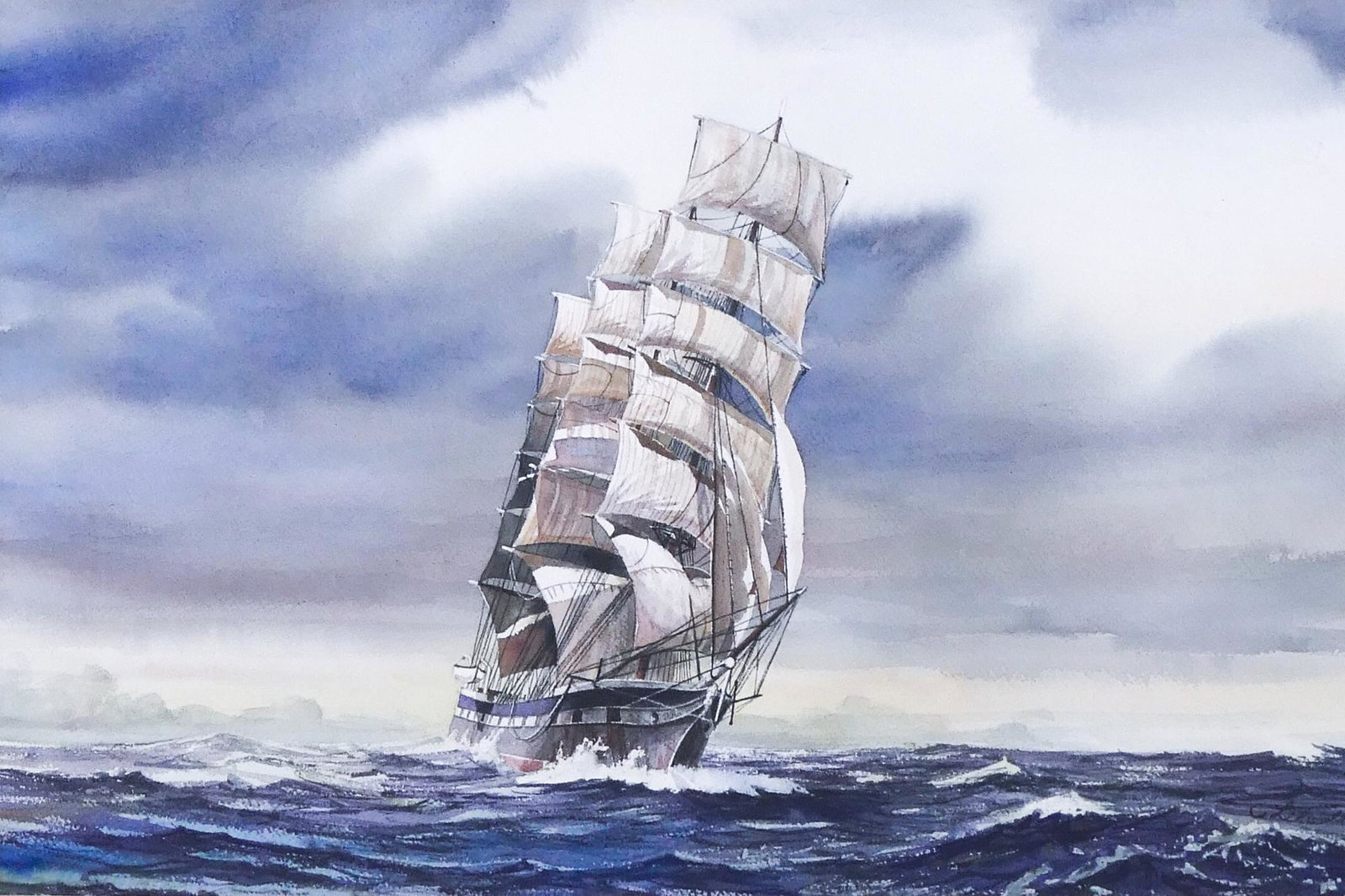 Chris Lehwalder ''The Sophocles'' Watercolor: Chris Lehwalder (20th/21st Century Washington) ''The Sophocles'' Watercolor. 12''x18.5'' Sight. A seascape with the tall ship ''Sophocles'' at sail. Signed l.r. Original framing 20.5''x27''. Excellent