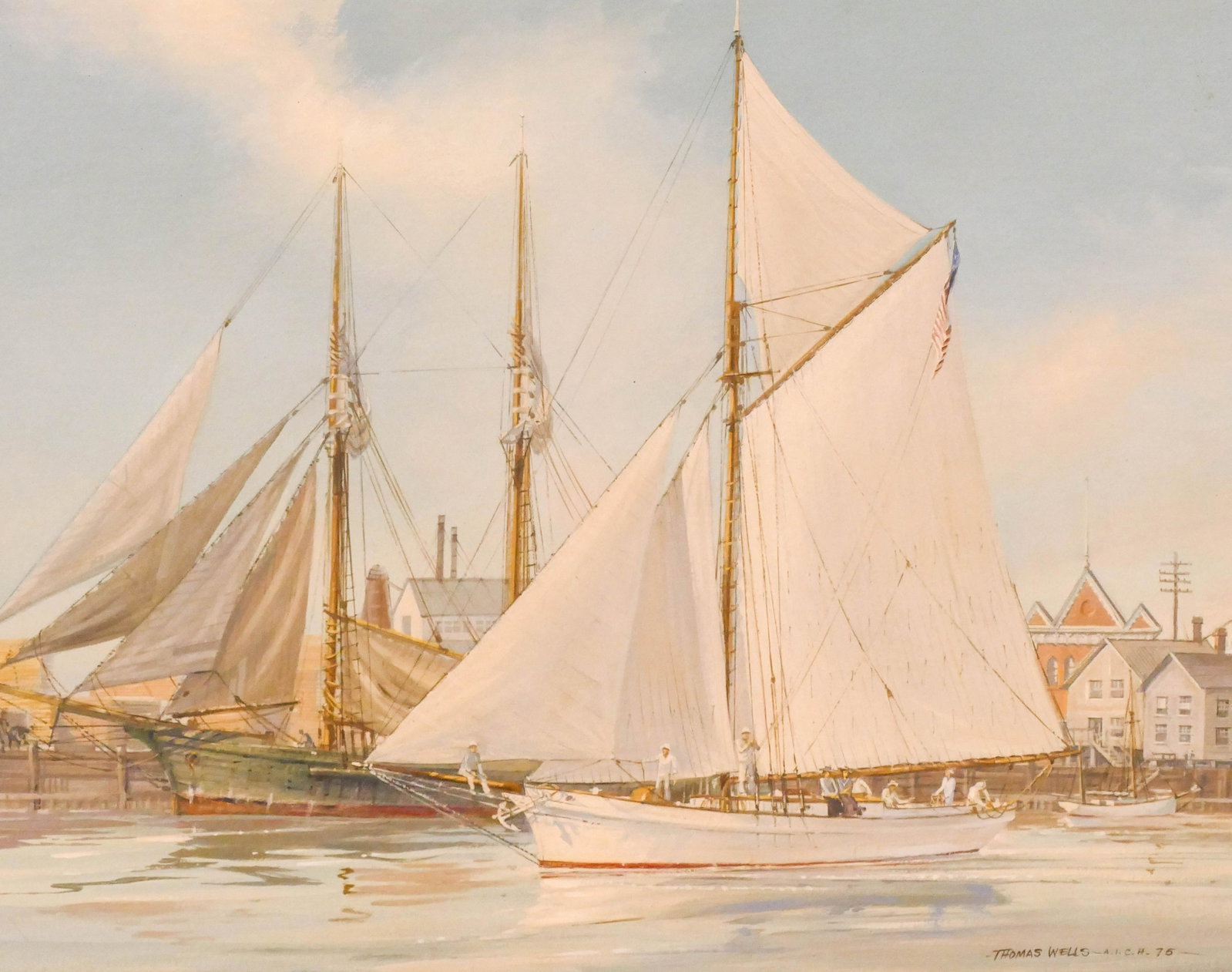 Thomas Wells ''The Old Hattie in Manitowac'' Oil: Thomas Wells (1916-2004 Washington) ''The Old Hattie in Manitowac'' Oil on Board, 1975. 15.5''x19.5'' Sight. A maritime scene of the artist's father's family aboard their sailing sloop in Manitowoc Ha
