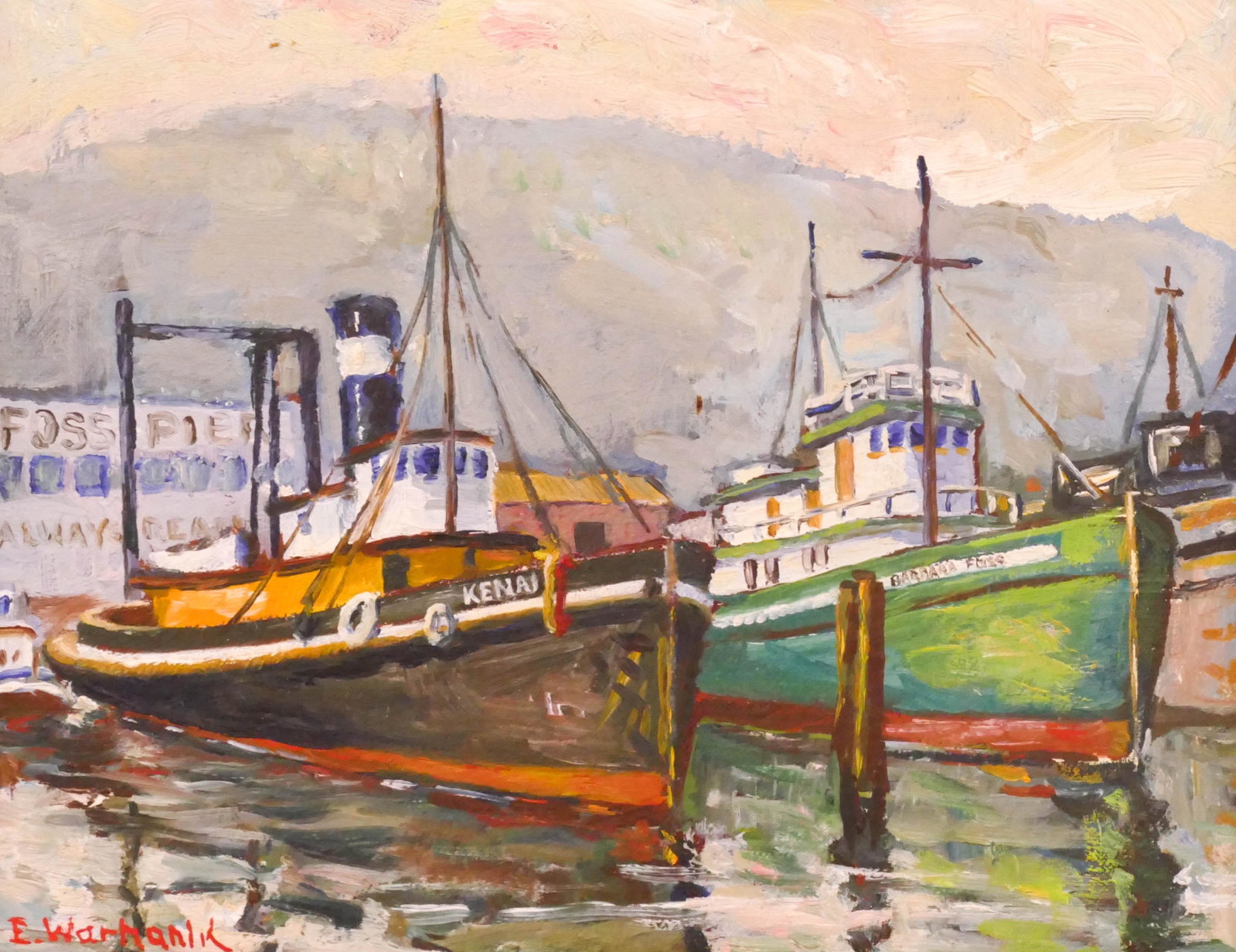 Elizabeth Warhanik ''Kenai'' Oil on Board: Elizabeth Warhanik (1880-1968 Washington) ''Kenai'' Oil on Board. 7.75''x9.5'' Sight. A harbor scene painting of the Foss Maritime tugboats ''Kenai'' and ''Barbara Foss''. Signed l.l. Period gilt fram