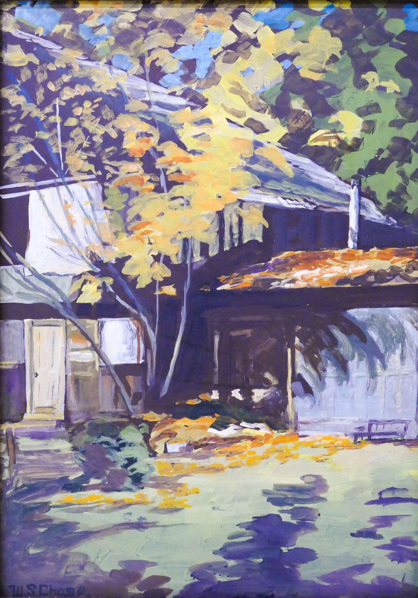 Waldo S. Chase ''Building on His Own Property'': Waldo S. Chase (1895-1988 Washington) ''Building on His Own Property'' Tempera on Masonite, 1971. 24''x17'' Image. A painting of the artist's home. Signed l.l. Gilt and carved closed corner frame 28''