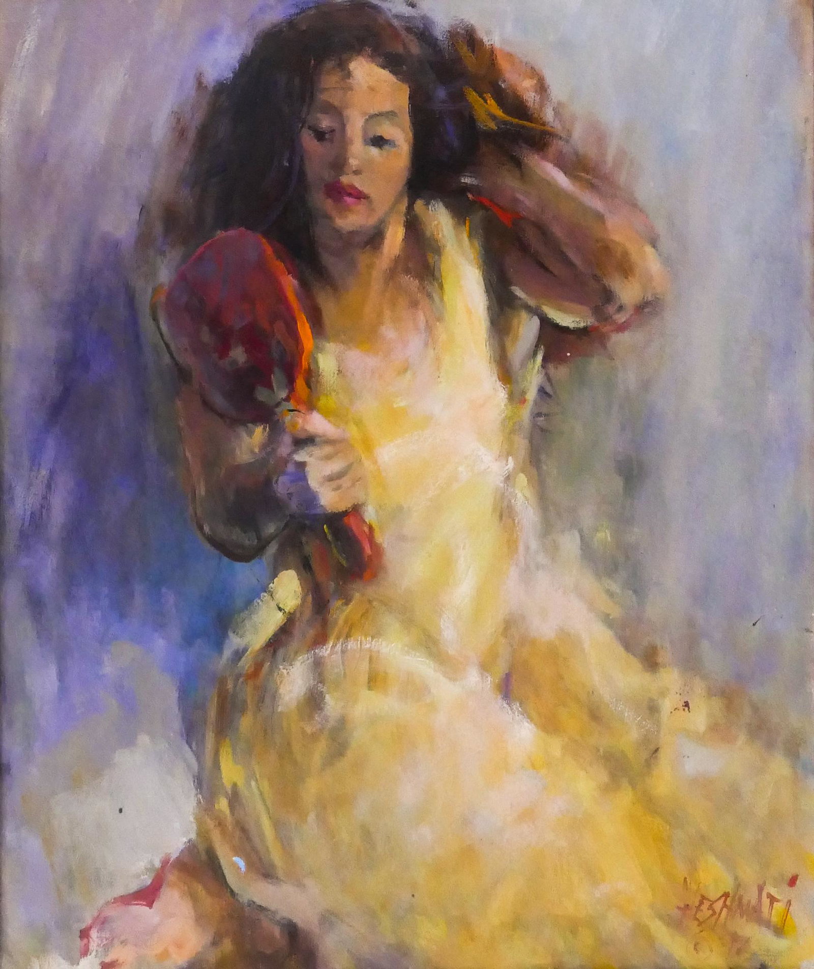John Heshmati ''Looking in the Mirror'' Oil: John Heshmati (1945-2001 Arizona) ''Looking in the Mirror'' Oil on Canvas, 1997. 24''x20''. Portrait of lady looking into a hand mirror. Signed and dated l.r. Framed 30''x26''. Excellent condition.