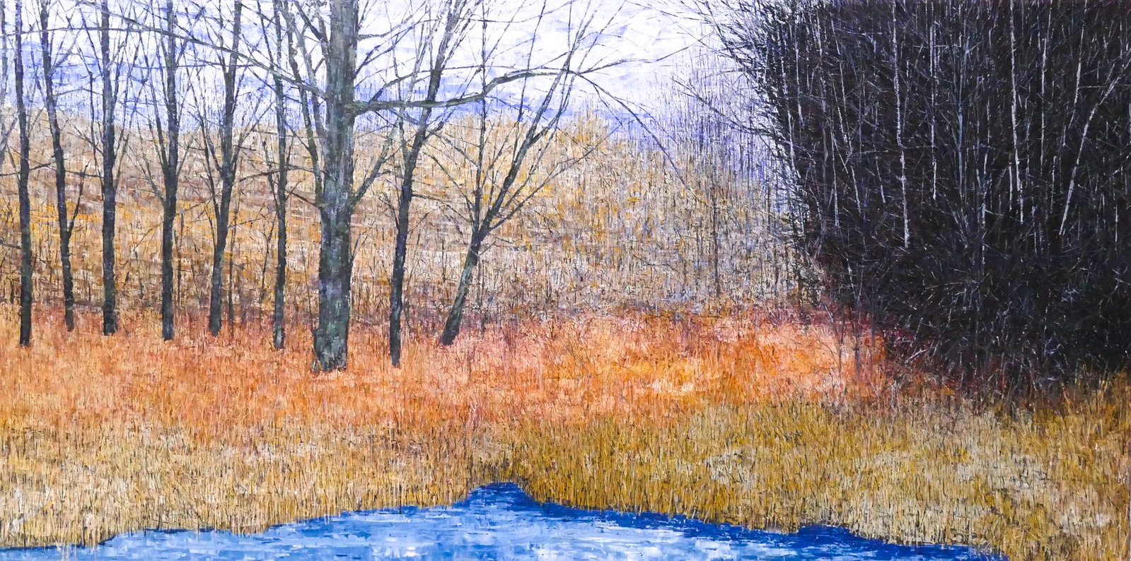 Chris Charlebois ''Afton'' Oil on Canvas: Chris Charlebois (b.1952 Canada) ''Afton'' Oil on Canvas, 2018. 36''x72''. Large horizontal landscape of autumn forest scene. Signed on verso. Unframed. Kurbatoff Gallery (Vancouver, B.C.) COA provide